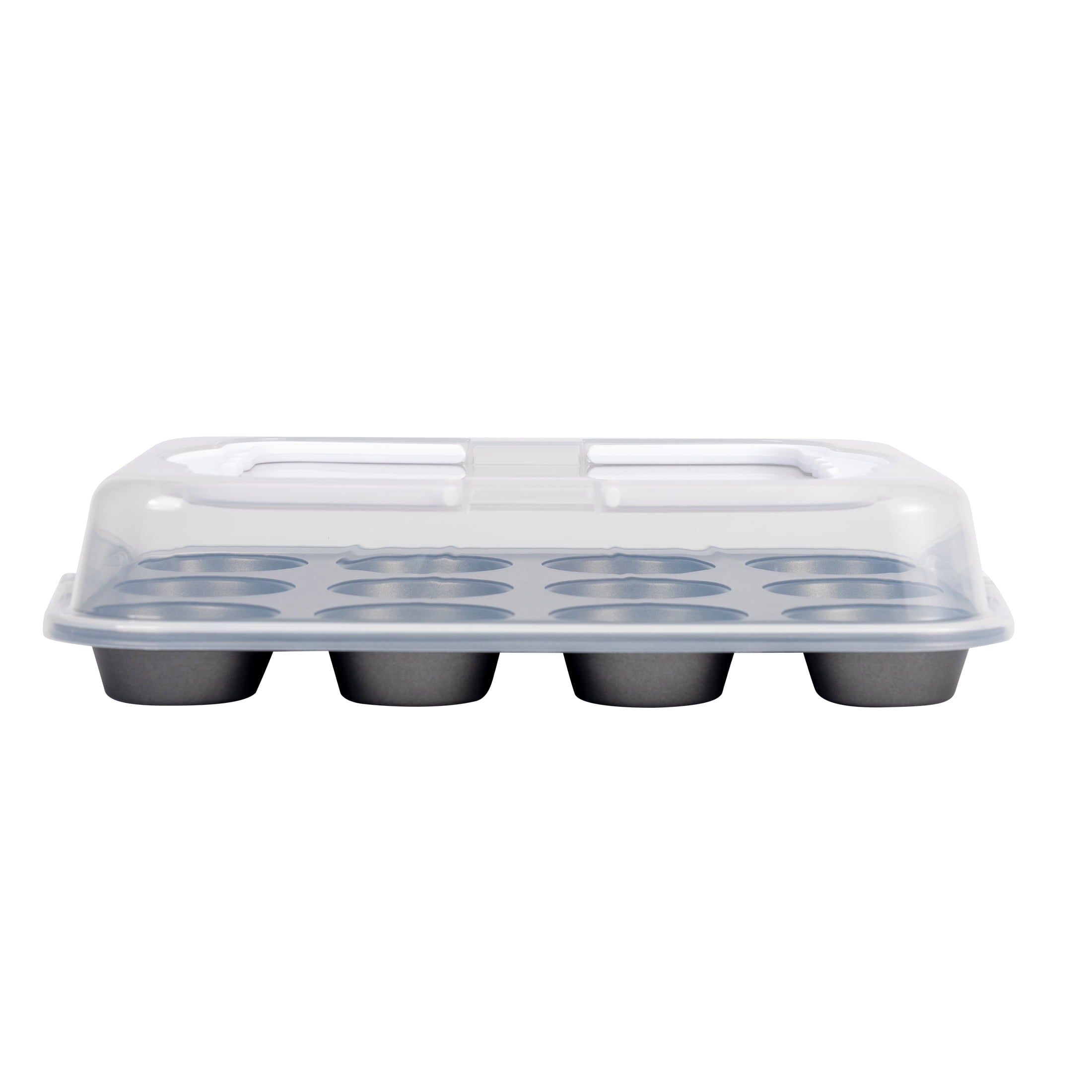 12 Cup Muffin Pan with Covered Carrier, Carbon Steel Bakeware, Plastic Cover