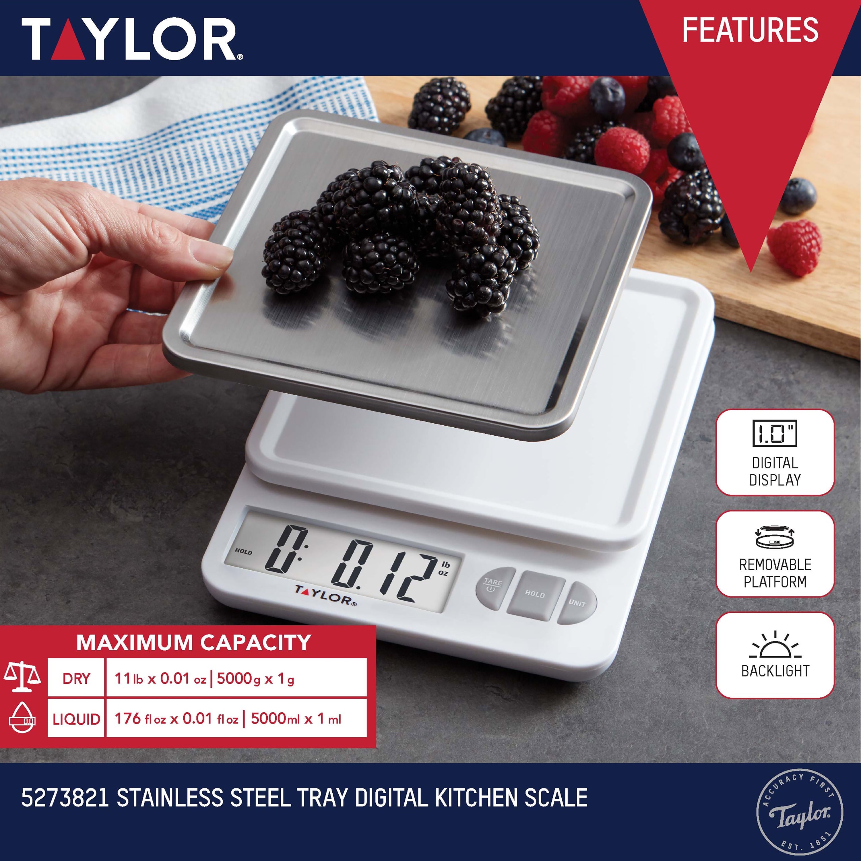 11lb Digital Kitchen Scale and Food Scale with Removable Stainless Steel Tray Cooking, Baking, Meal Prepping W...