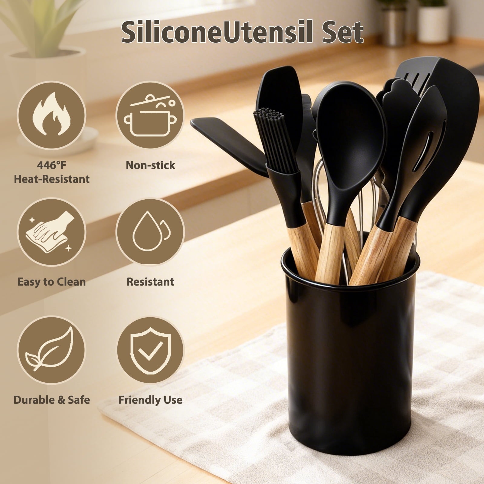 Silicone Cooking Utensils Set, Heat Resistant Kitchen Cooking Utensils Set, 12 PCS Handle Silicone Kitchen Gadgets Ut...