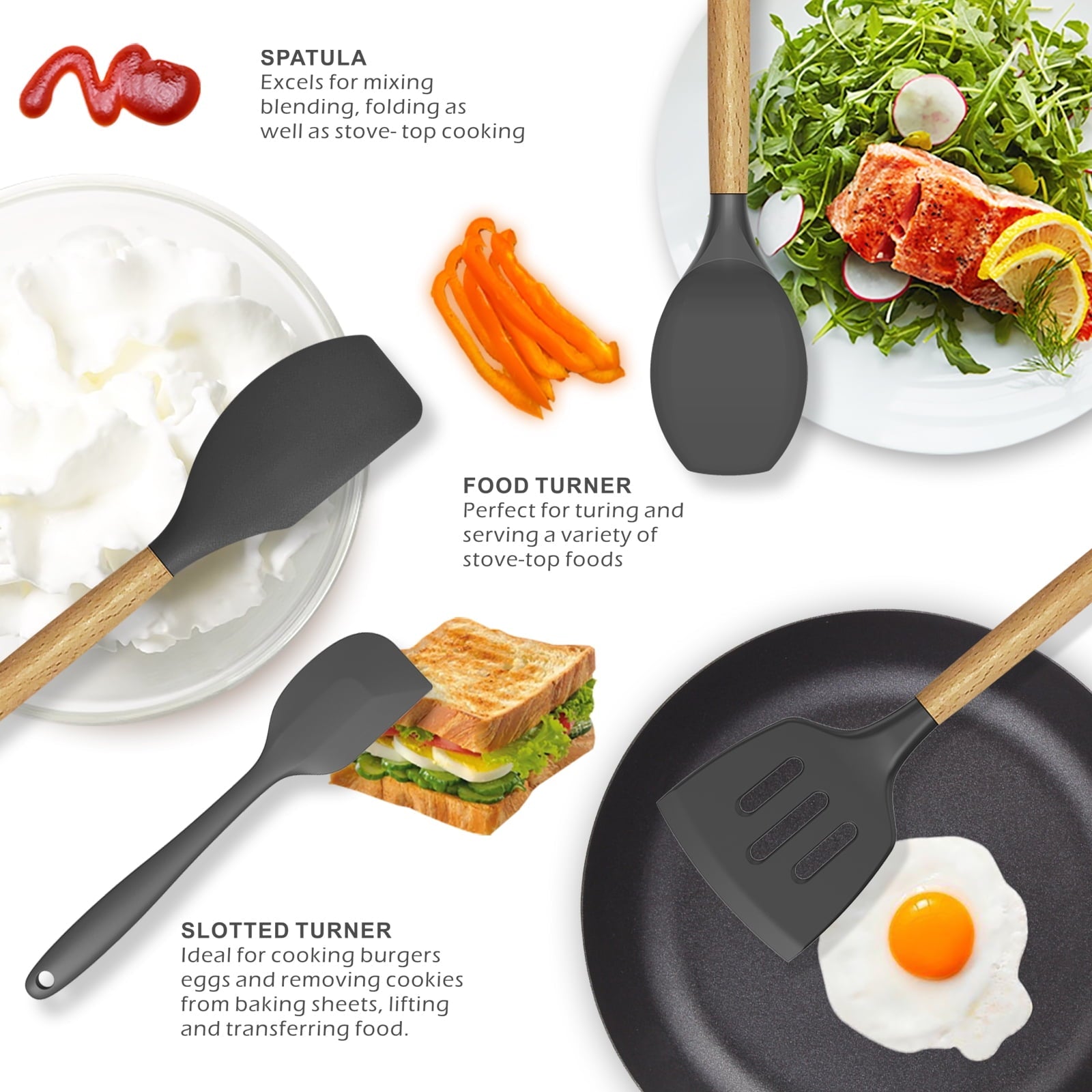 Silicone Cooking Utensils Set - 446°F Heat Resistant Silicone Kitchen Utensils for Cooking,Kitchen Utensil Spatula Se...