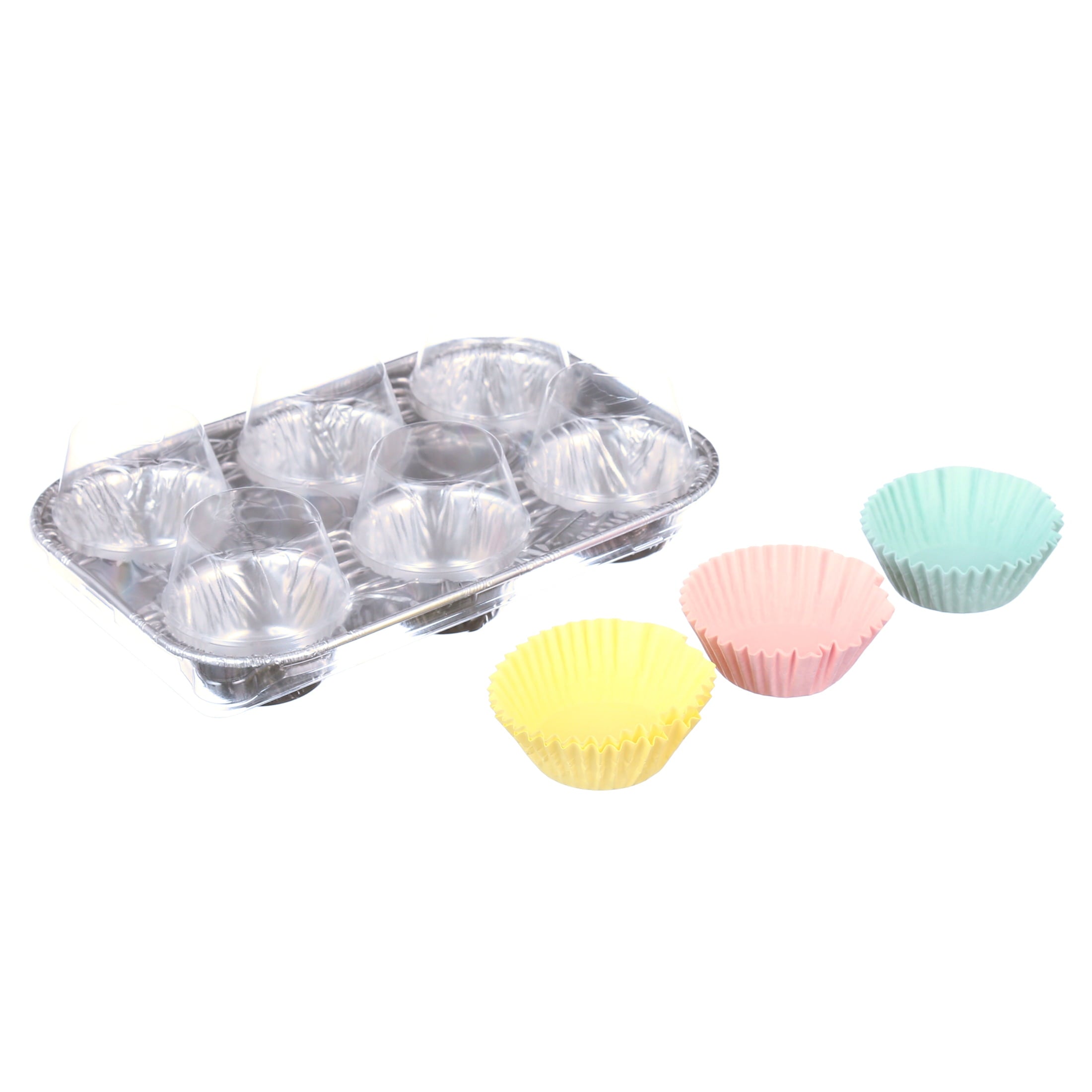 6 Cup Aluminum Muffin Pan with Liners and Lid (4 Pack)