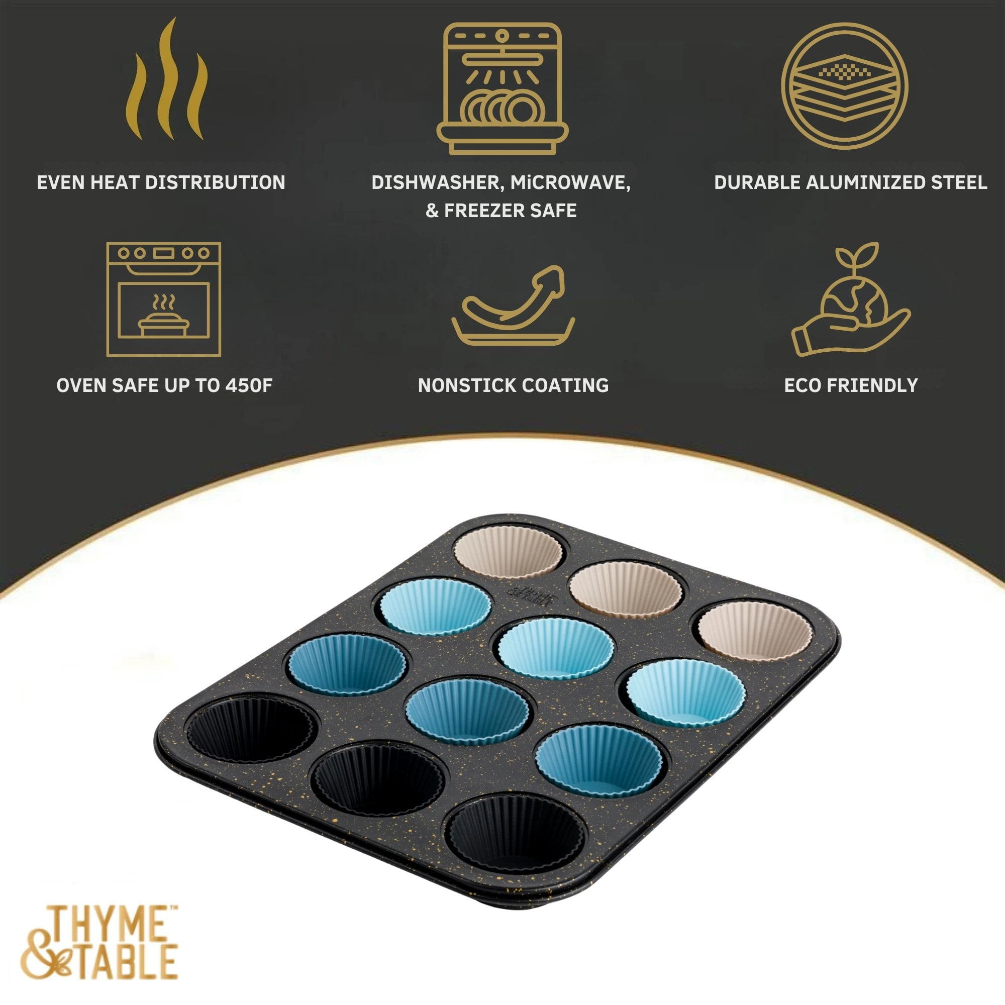 12 Cup Nonstick Muffin Pan with Silicone Baking Cups - Black