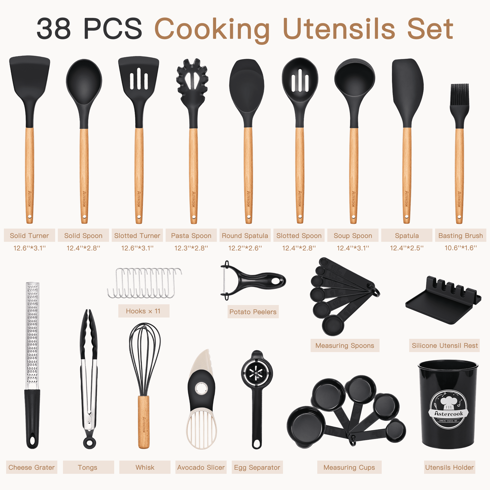 Silicone Cooking Utensils Set, 38 PCS Kitchen Utensils Set for 446°F Heat Resistant, Food Grade Utensil Sets with Woo...
