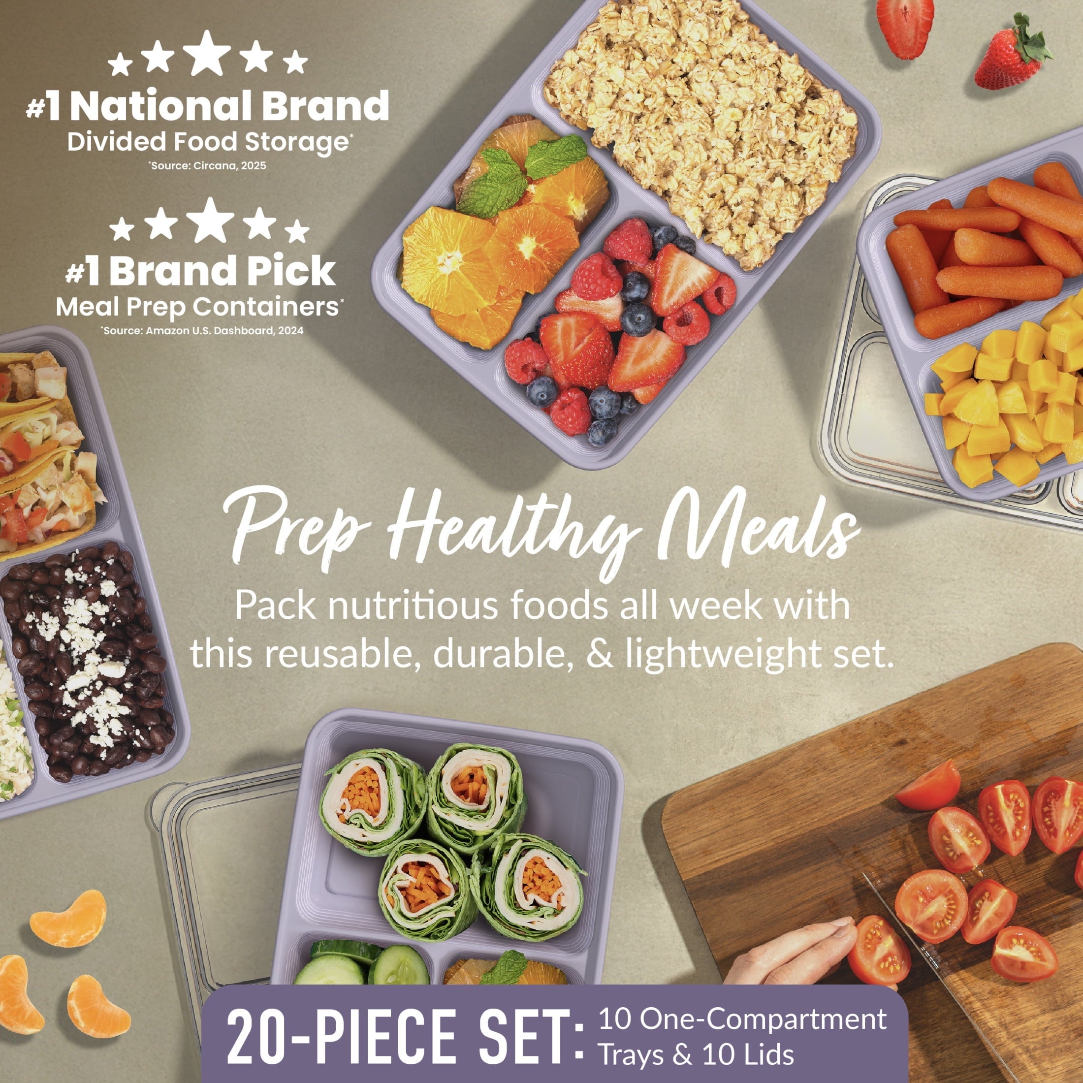 3-Compartment Meal Containers with Lids, PFAS & BPA Free Materials, Durable, Microwave, Freezer, & D...