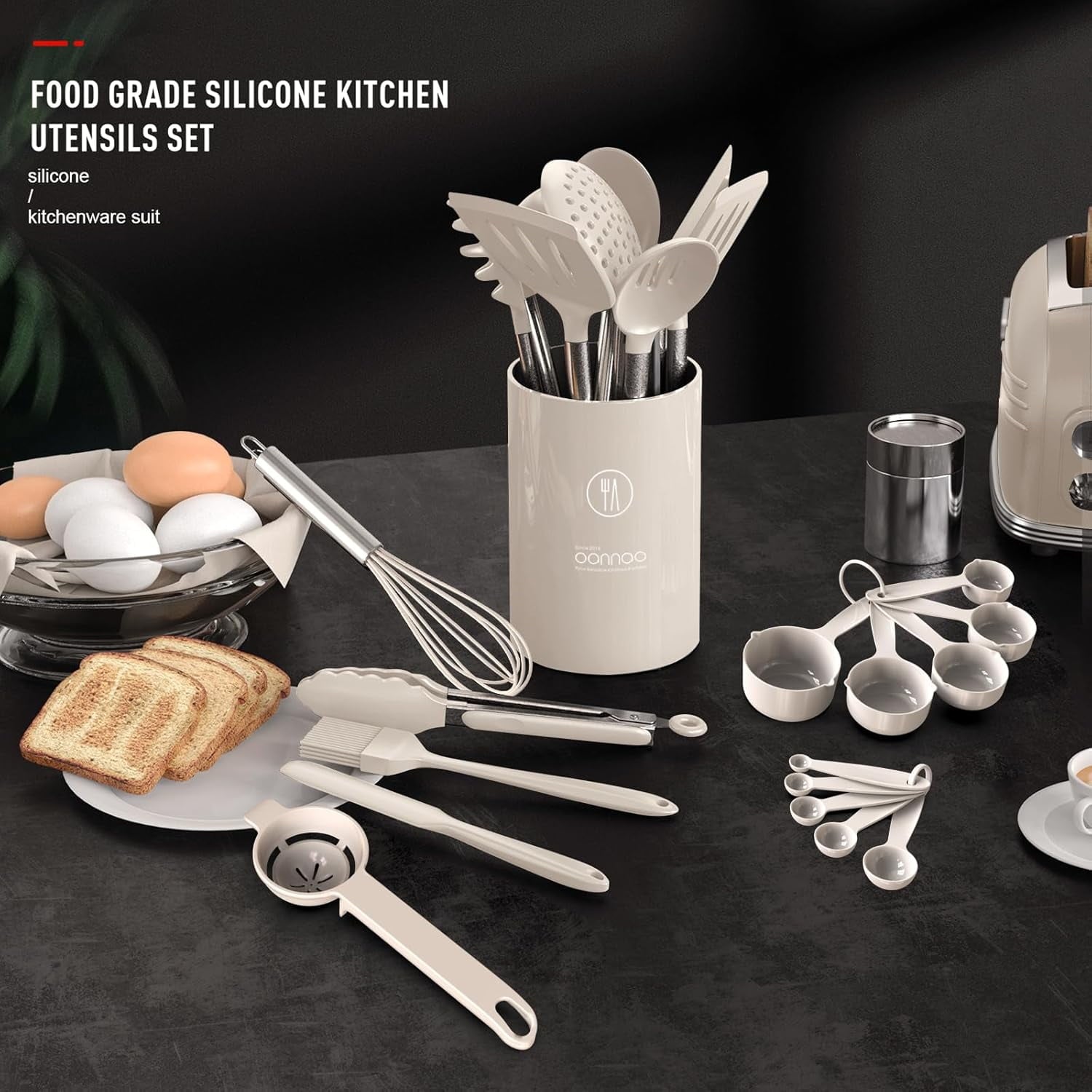 Large Silicone Cooking Utensils Set - Heat Resistant Kitchen Utensils,Turner Tongs,Spatula,Spoon,Brush,Whisk,Stainles...