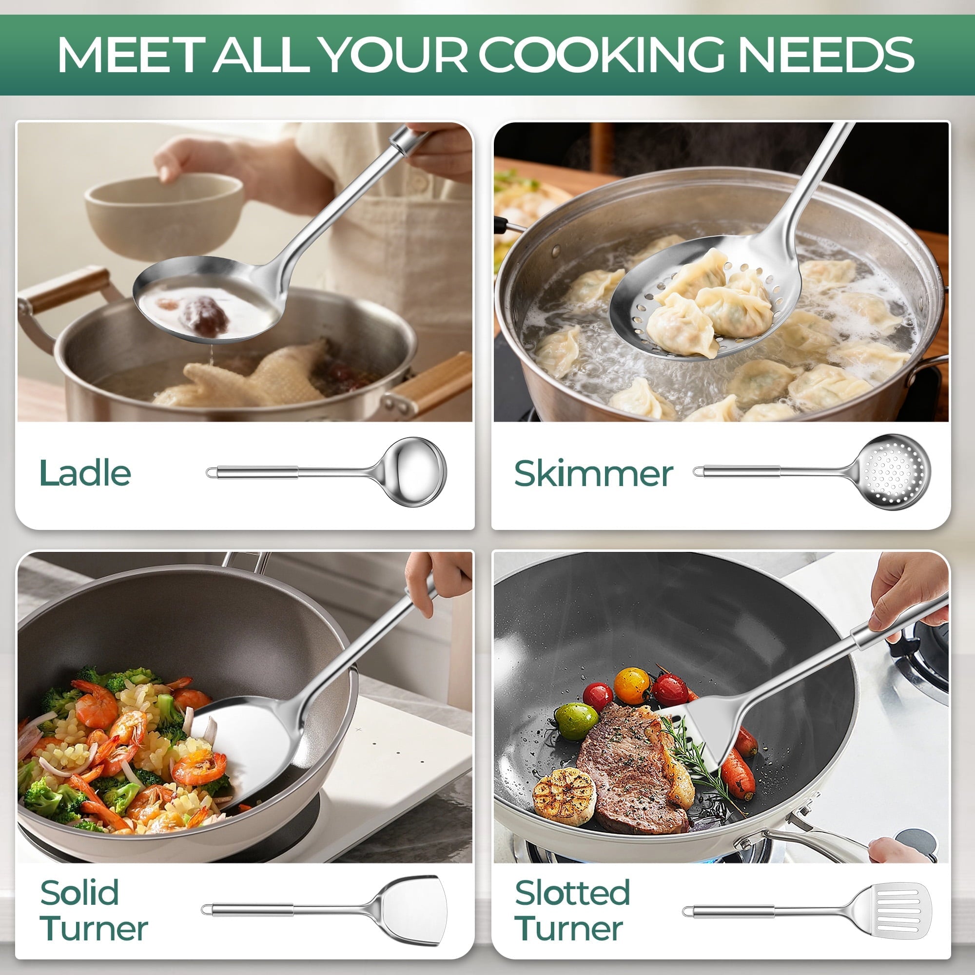 Kitchen Utensils Set, 7 PCS Stainless Steel Cooking Tools, Metal Kitchen Tools Set, Heat Resistant & Dishwa...