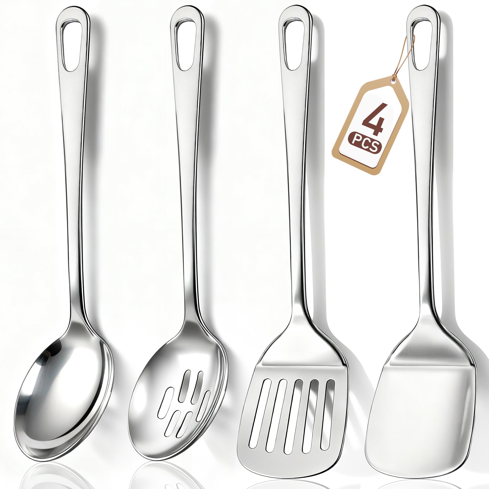4 Pcs Cooking Utensils Set, Stainless Steel Kitchen Utensils, Kitchen Tools Set Include Solid & Slotted Turne...