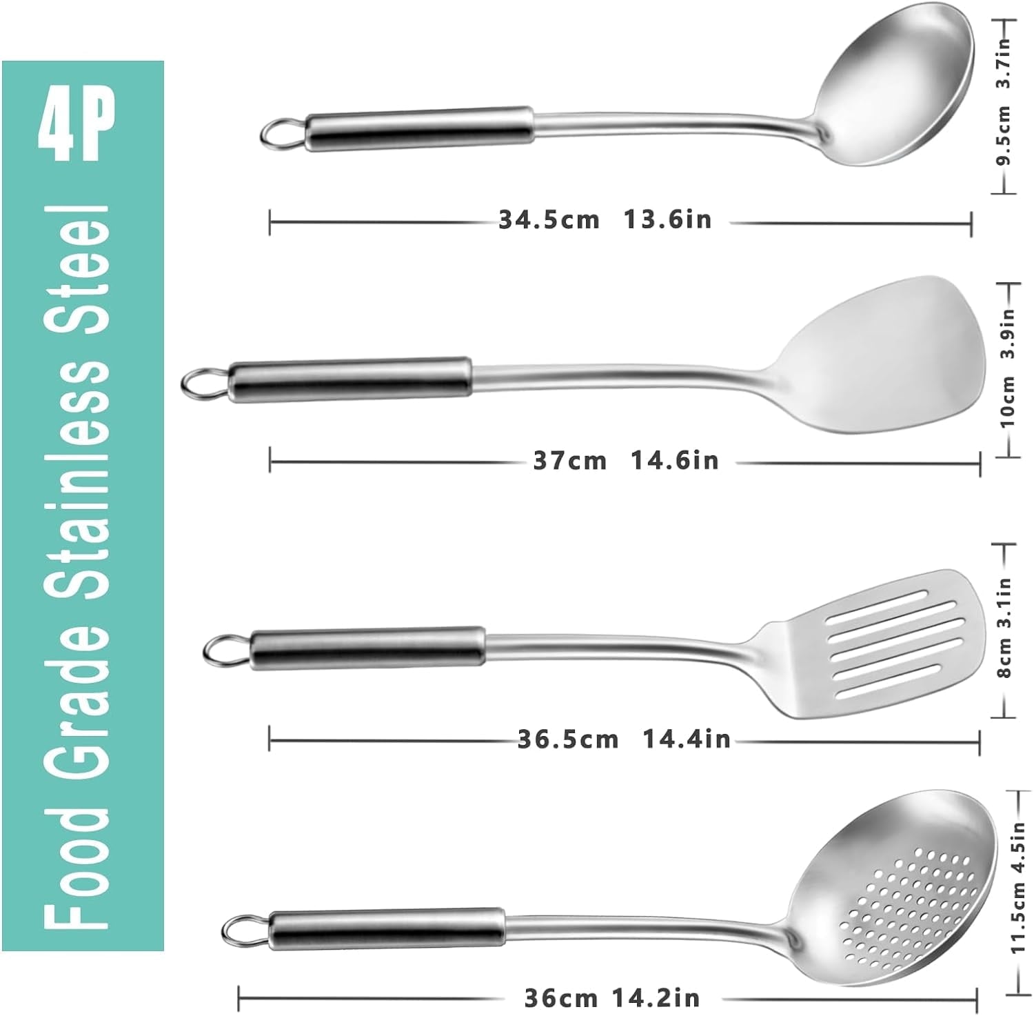 4 Pcs Cooking Utensils Set, 304 Stainless Steel Kitchen Utensils, Include Wok Ladle, Slotted Spoon, Wok Spa...