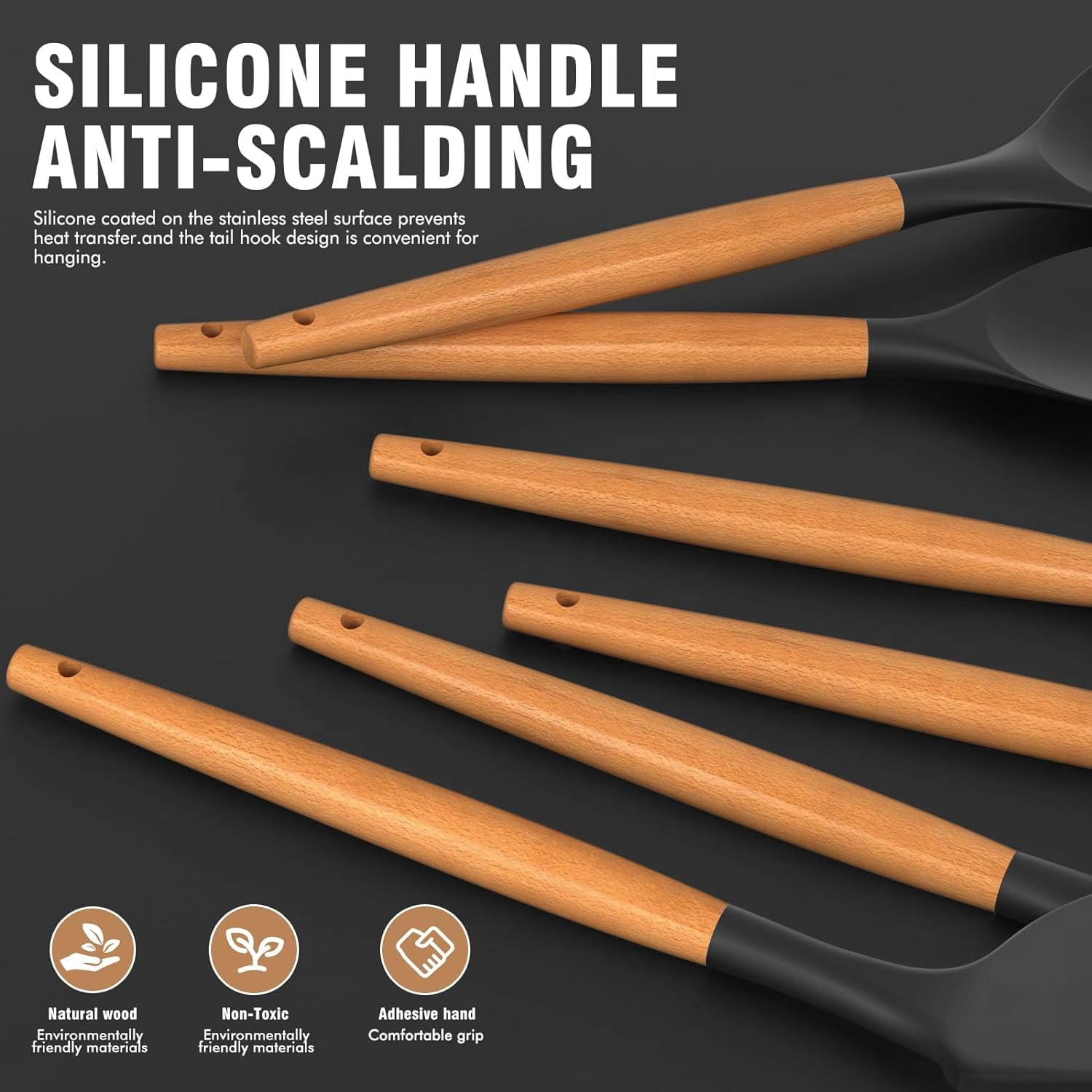 Silicone Cooking Utensils Set - Silicone Kitchen Utensils for Cooking Wooden Handles, 446°F Heat Resistant Kitchen Ut...