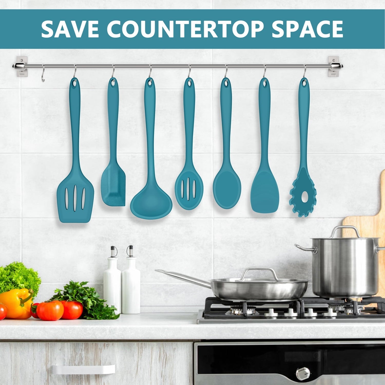 7-Piece Silicone Cooking Utensils Set, Blue Kitchen Utensils, Non-stick Gadgets Tools Include Slotted Turner, Soup La...