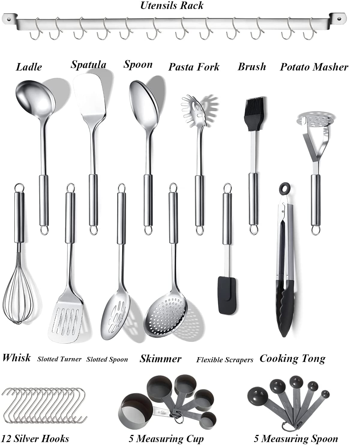 Kitchen Utensils Set 37 Pieces, Stainless Steel Cooking Utensils Set, Kitchen Gadgets Cookwarewith Hooks For H...