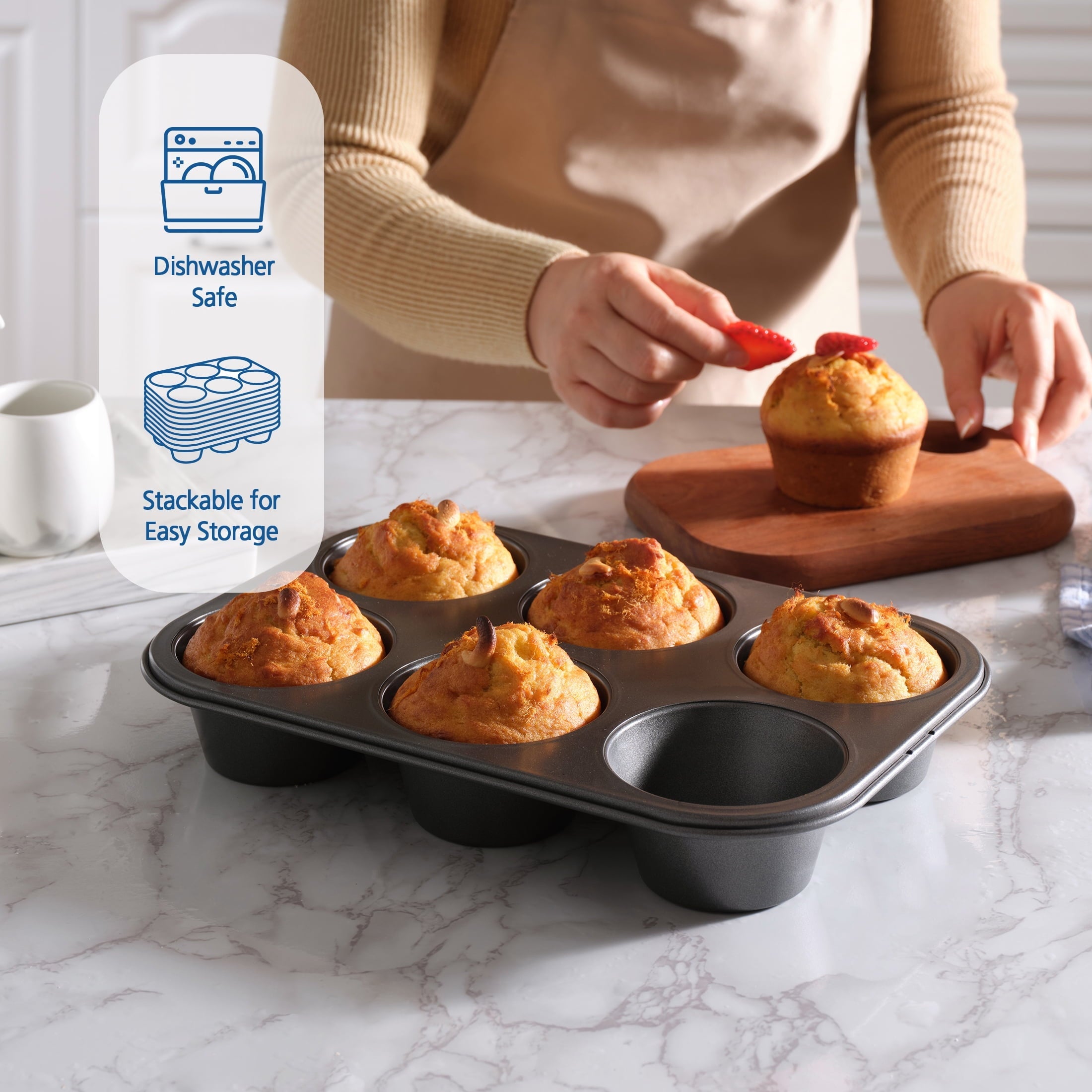 6 Cup Jumbo Muffin Pan, Non-Stick Bakeware,3.4 inch Diameter Cups,Gray,Carbon Steel