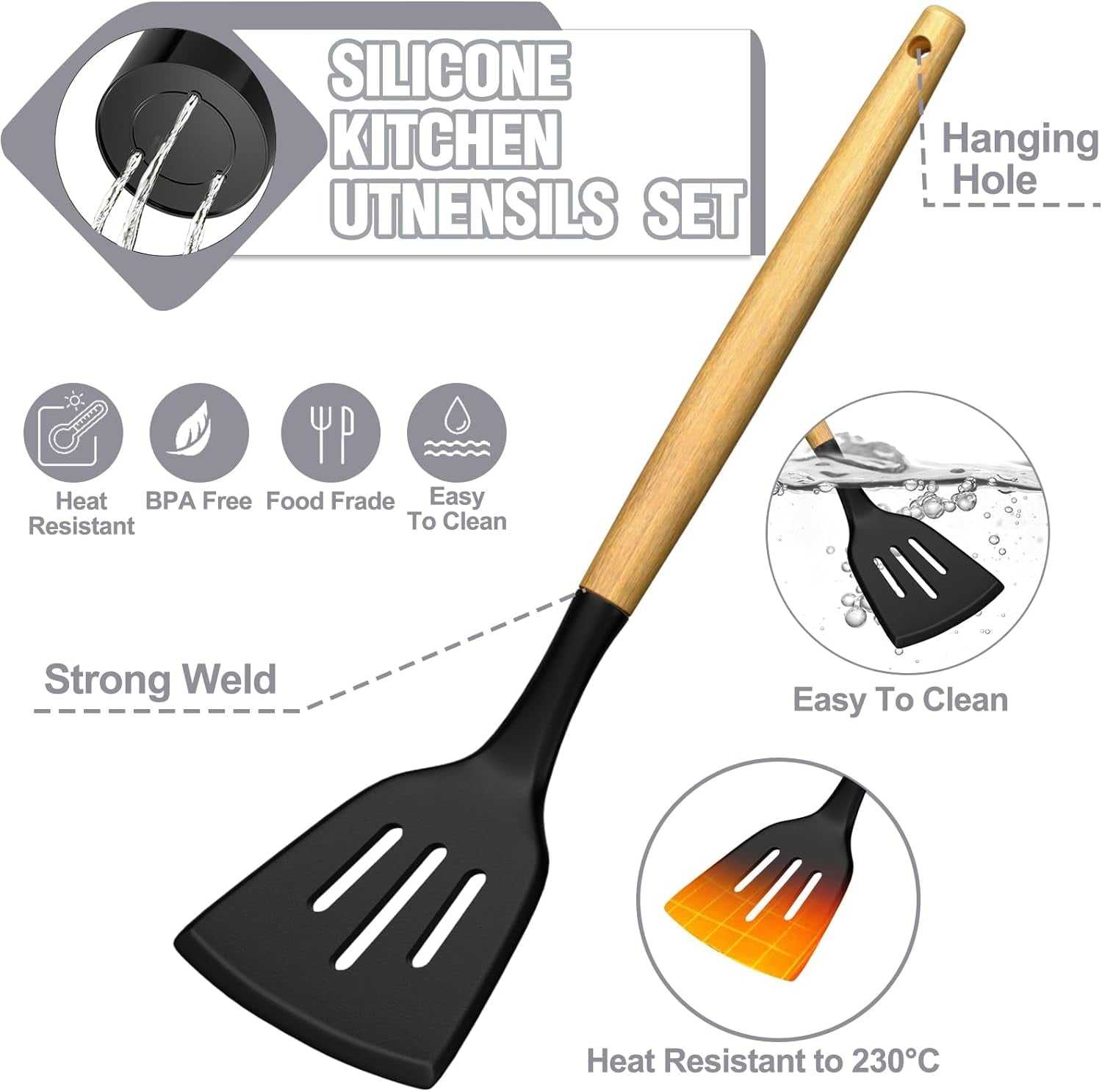 Kitchen Utensil Set, 34Pieces Silicone Cooking Utensil Set with Wooden Handle, Heat Resistant Spatula Set Gadg...