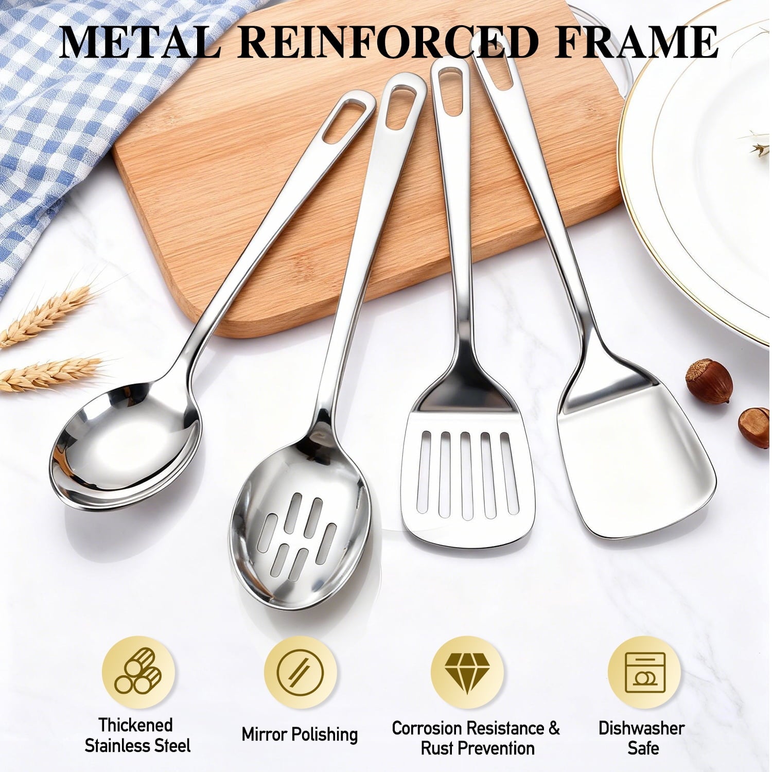4 Pcs Cooking Utensils Set, Stainless Steel Kitchen Utensils, Kitchen Tools Set Include Solid & Slotted Turne...