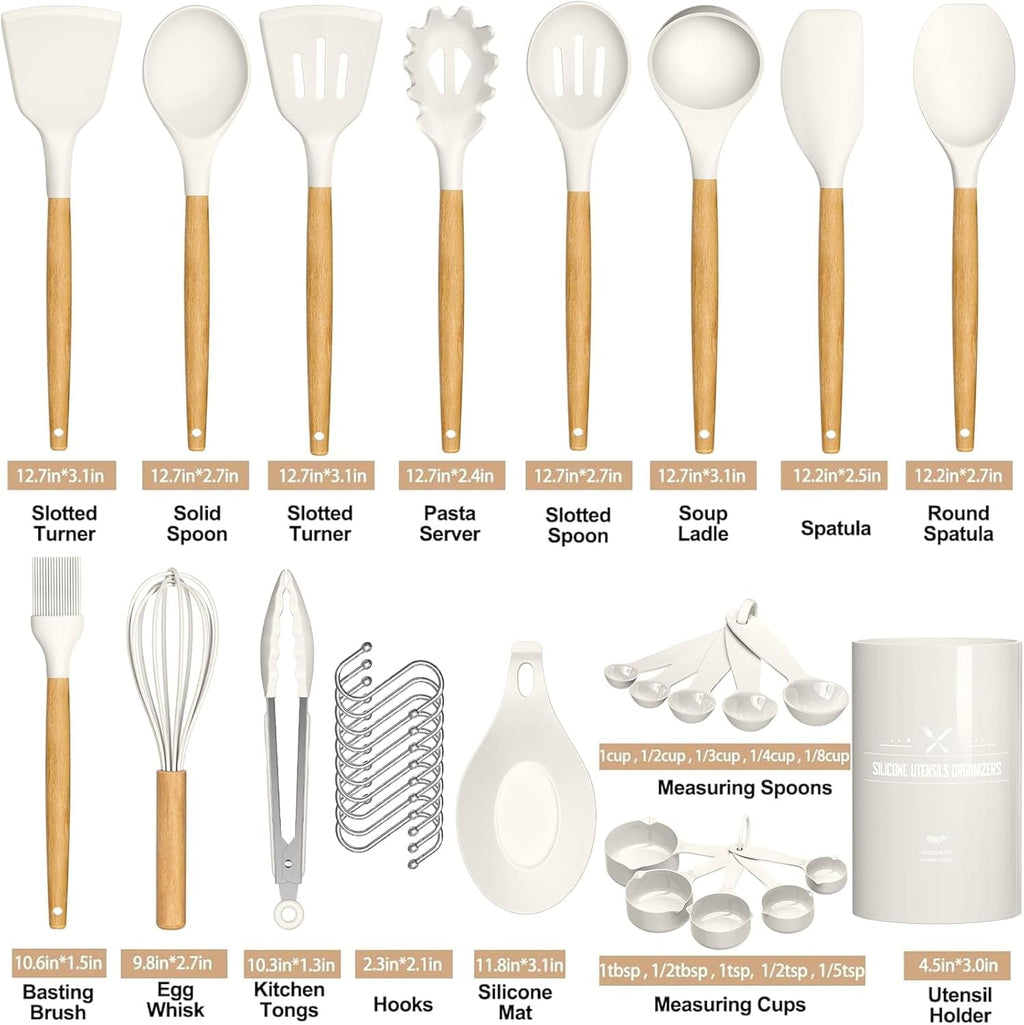 Kitchen Cooking Utensils Set, 33 pcs Non-stick Silicone Cooking Kitchen Utensils Spatula Set with Holder, Wooden Hand...