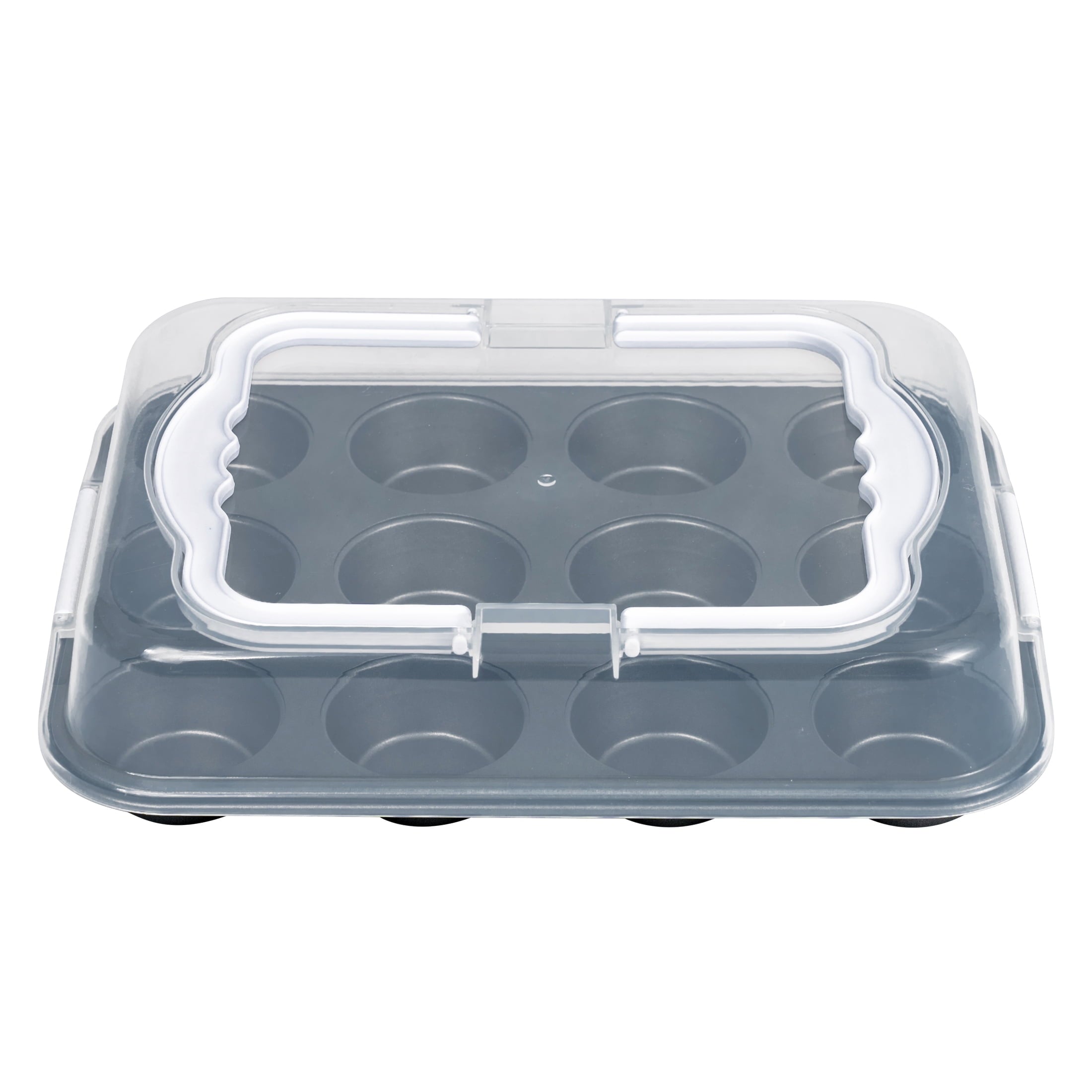 12 Cup Muffin Pan with Covered Carrier, Carbon Steel Bakeware, Plastic Cover