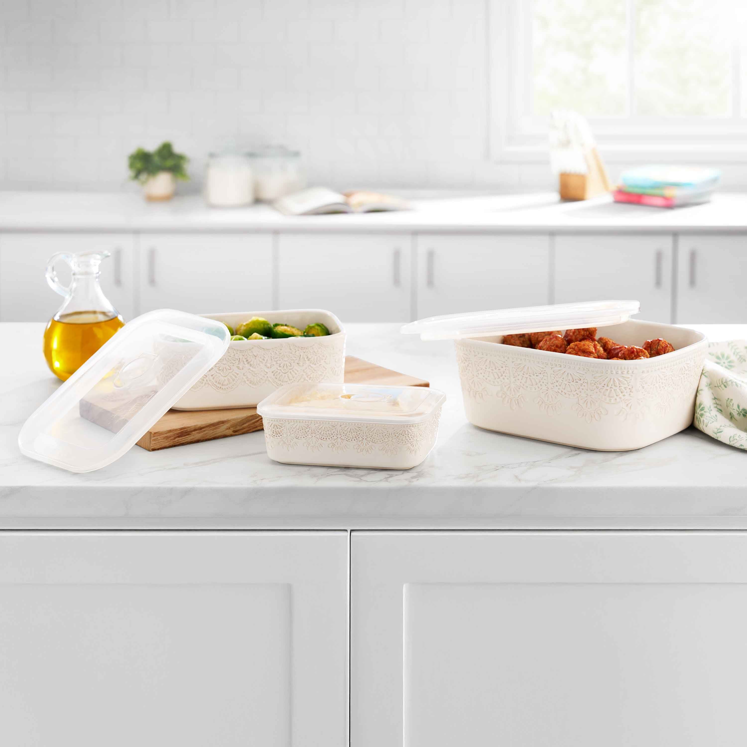 Vintage Lace 6-Piece Nesting Casserole Baking Dish Bakeware Set with Lids, Linen