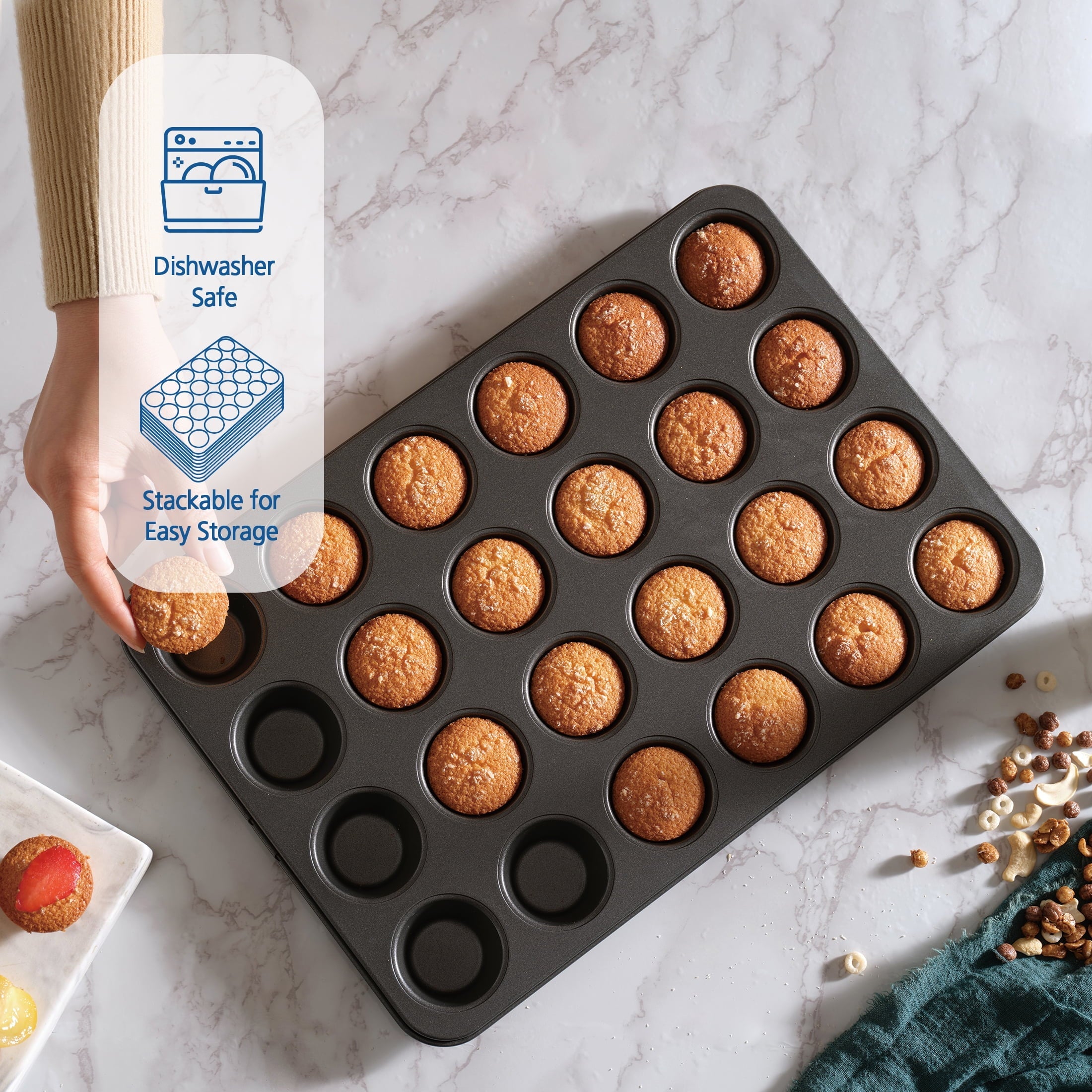 24 Cavity Mini Muffin Pan, Non-Stick Bakeware,1.8 inch Diameter Cups,Gray,Carbon Steel