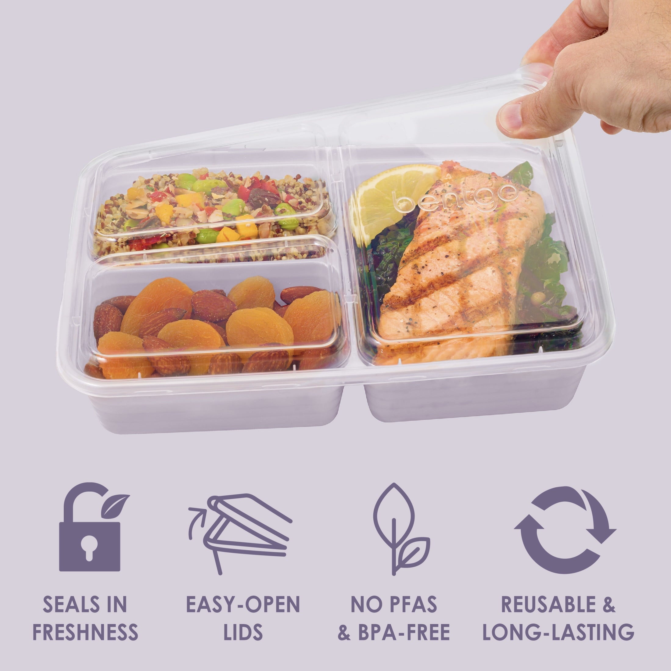3-Compartment Meal Containers with Lids, PFAS & BPA Free Materials, Durable, Microwave, Freezer, & D...
