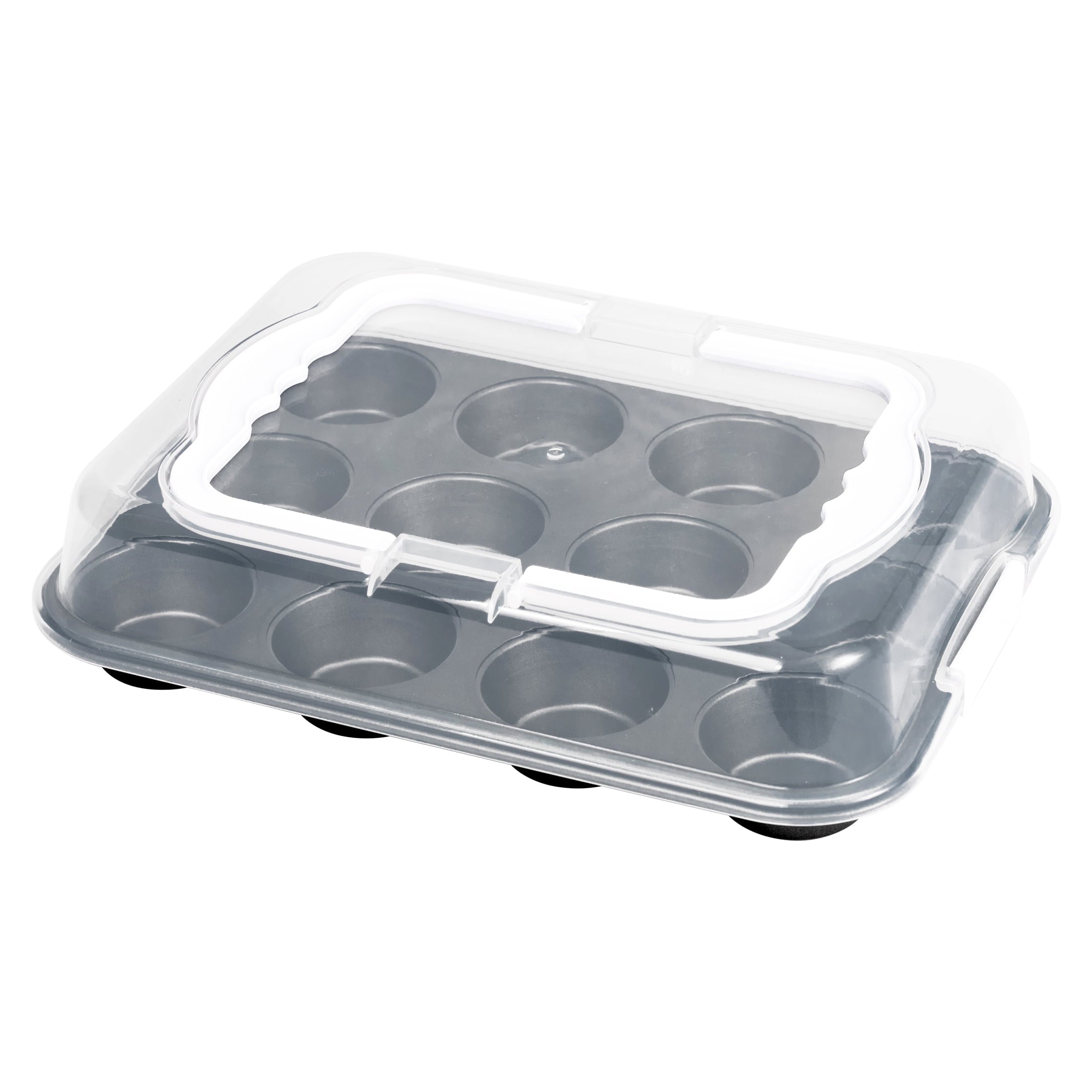 12 Cup Muffin Pan with Covered Carrier, Carbon Steel Bakeware, Plastic Cover