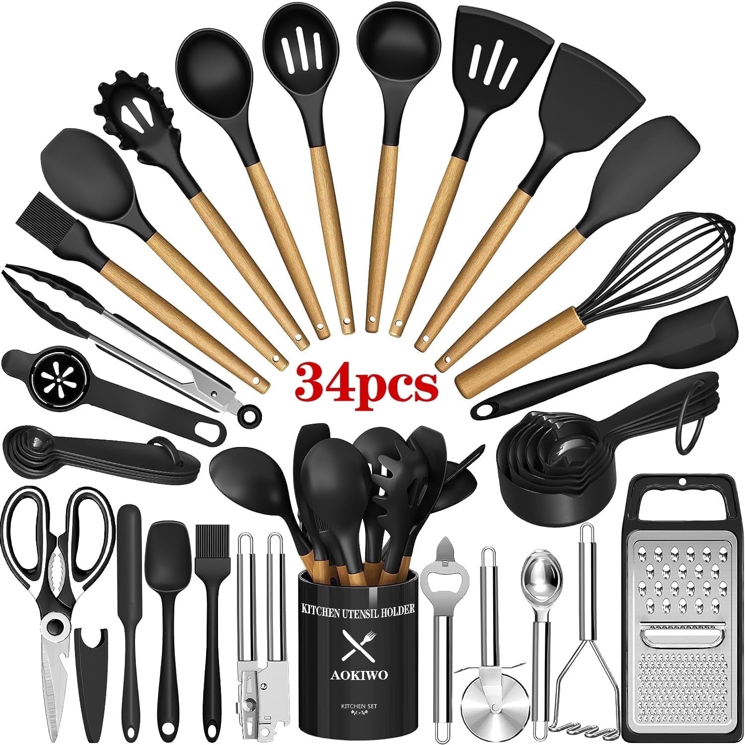 Kitchen Utensil Set, 34Pieces Silicone Cooking Utensil Set with Wooden Handle, Heat Resistant Spatula Set Gadg...