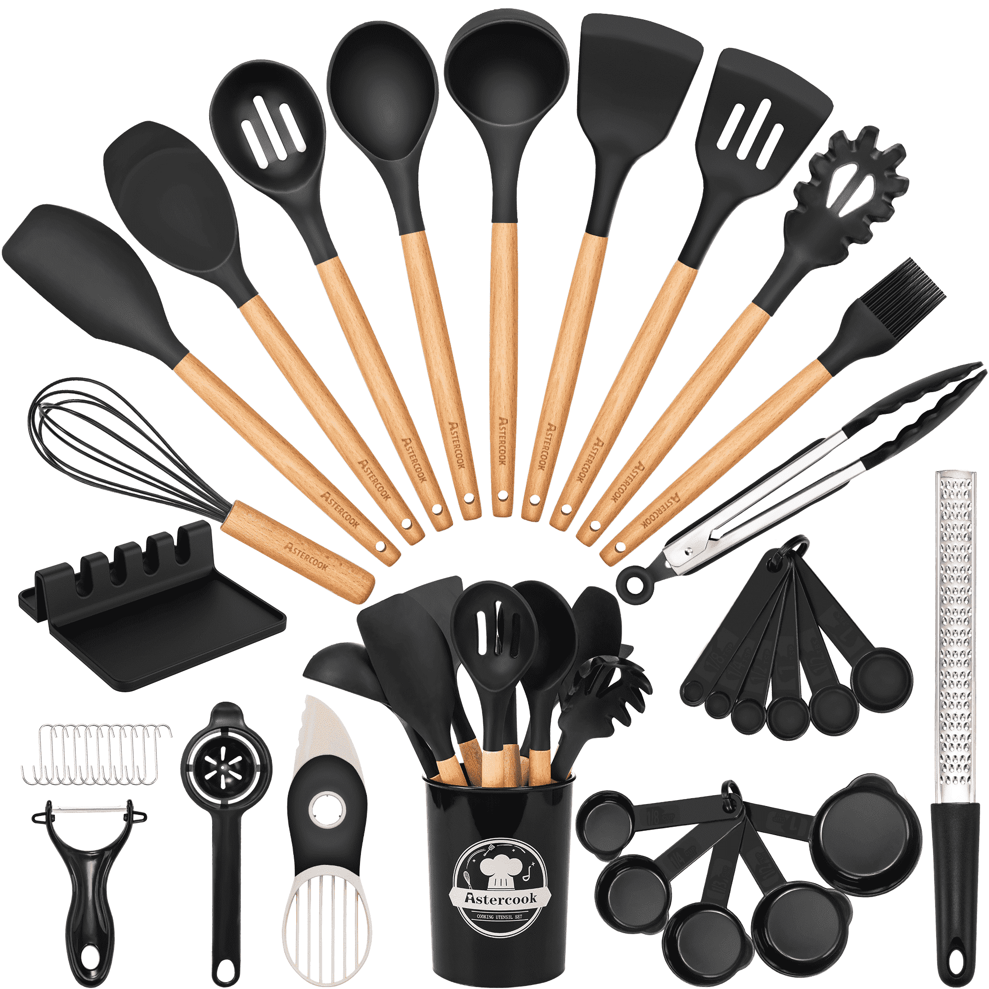 Silicone Cooking Utensils Set, 38 PCS Kitchen Utensils Set for 446°F Heat Resistant, Food Grade Utensil Sets with Woo...