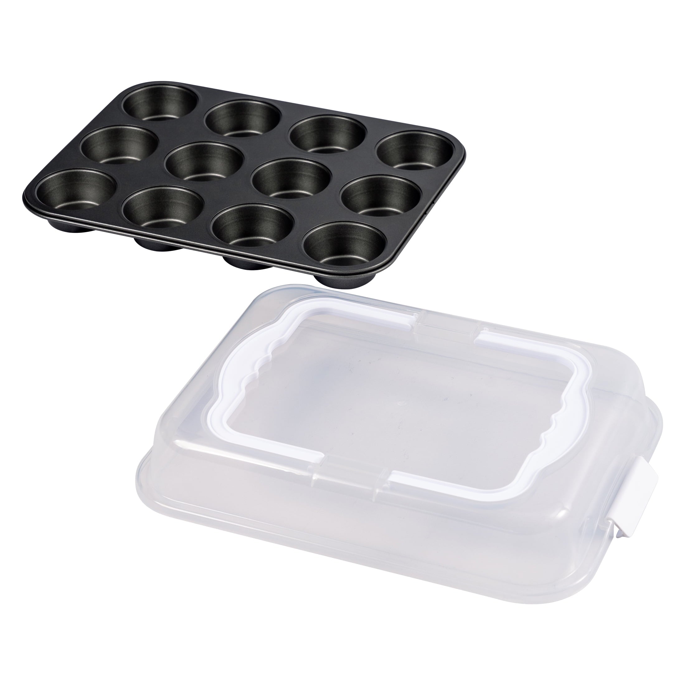 12 Cup Muffin Pan with Covered Carrier, Carbon Steel Bakeware, Plastic Cover