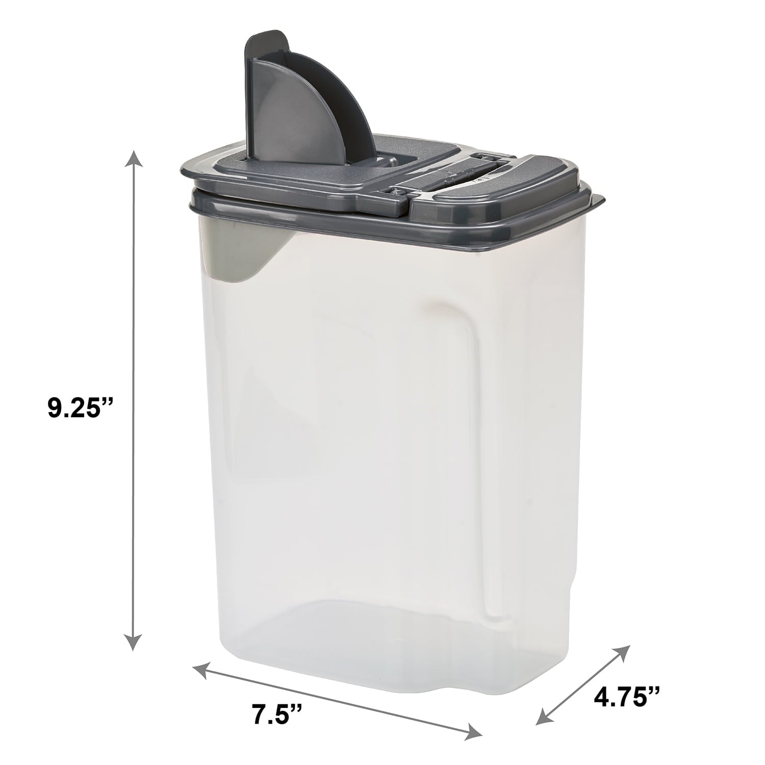 3.5 QT Plastic Food Dispenser, Clear with Gray Lid (1 Each) 7.5" L x 3.75" W x 9.25" H, Designed to Help wi...
