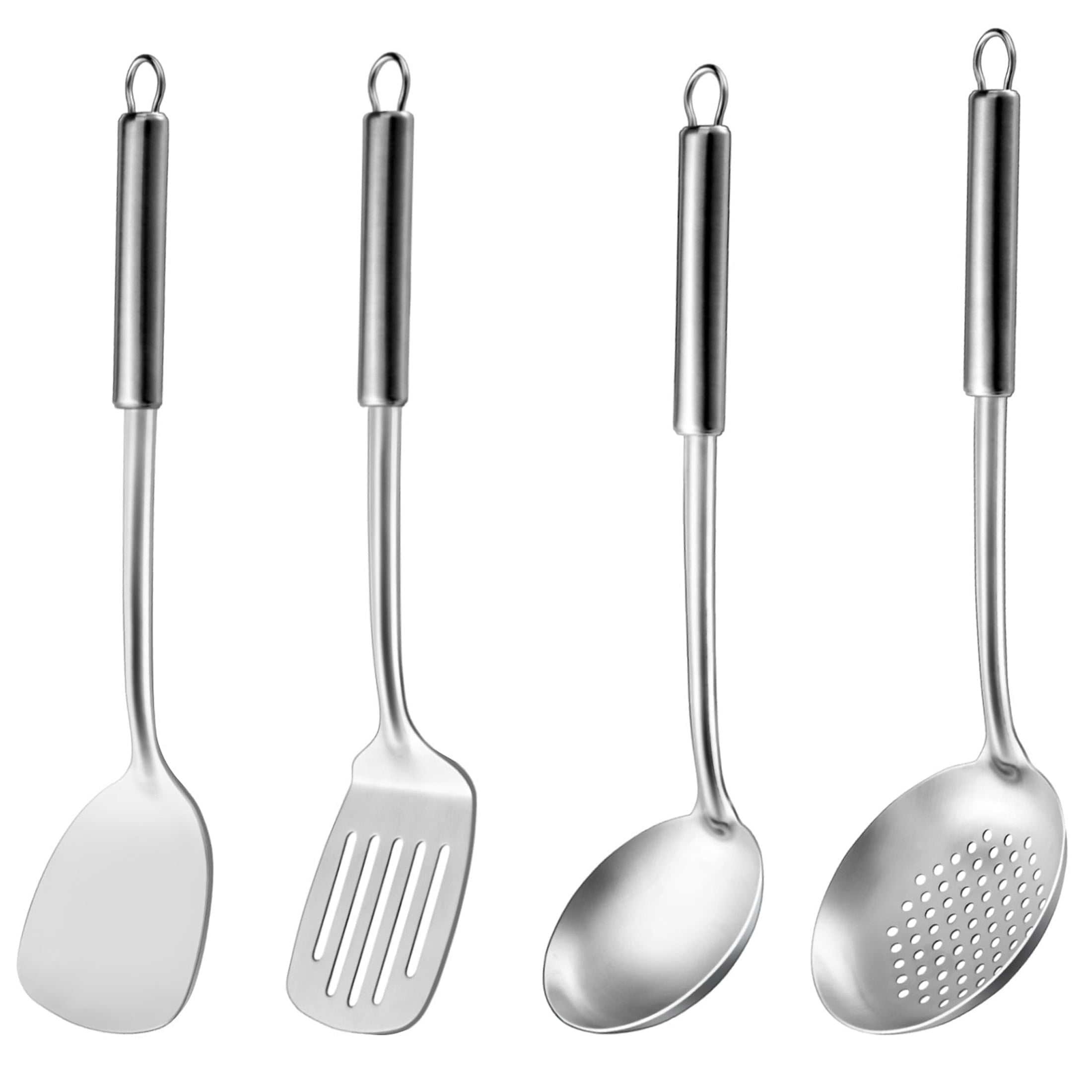 4 Pcs Cooking Utensils Set, 304 Stainless Steel Kitchen Utensils, Include Wok Ladle, Slotted Spoon, Wok Spa...