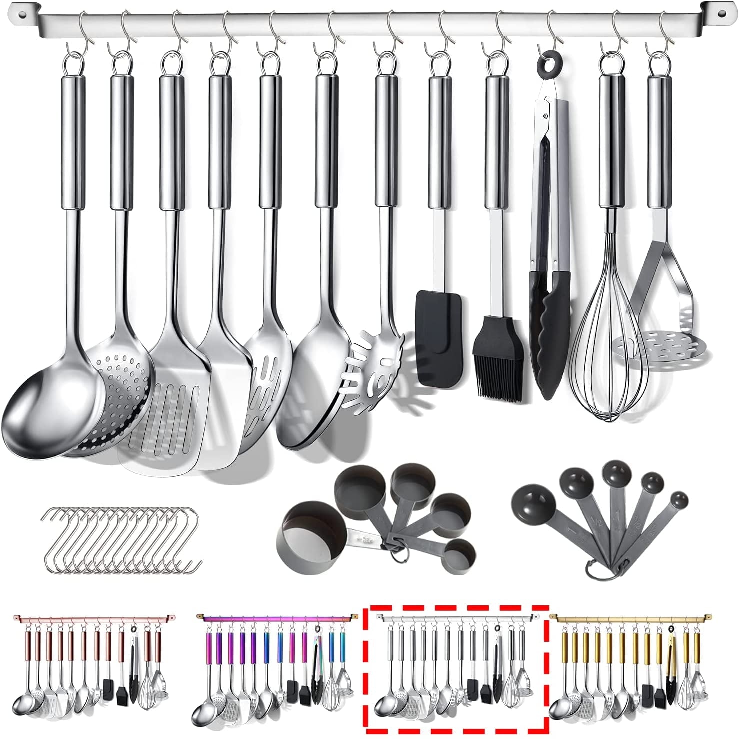 Kitchen Utensils Set 37 Pieces, Stainless Steel Cooking Utensils Set, Kitchen Gadgets Cookwarewith Hooks For H...