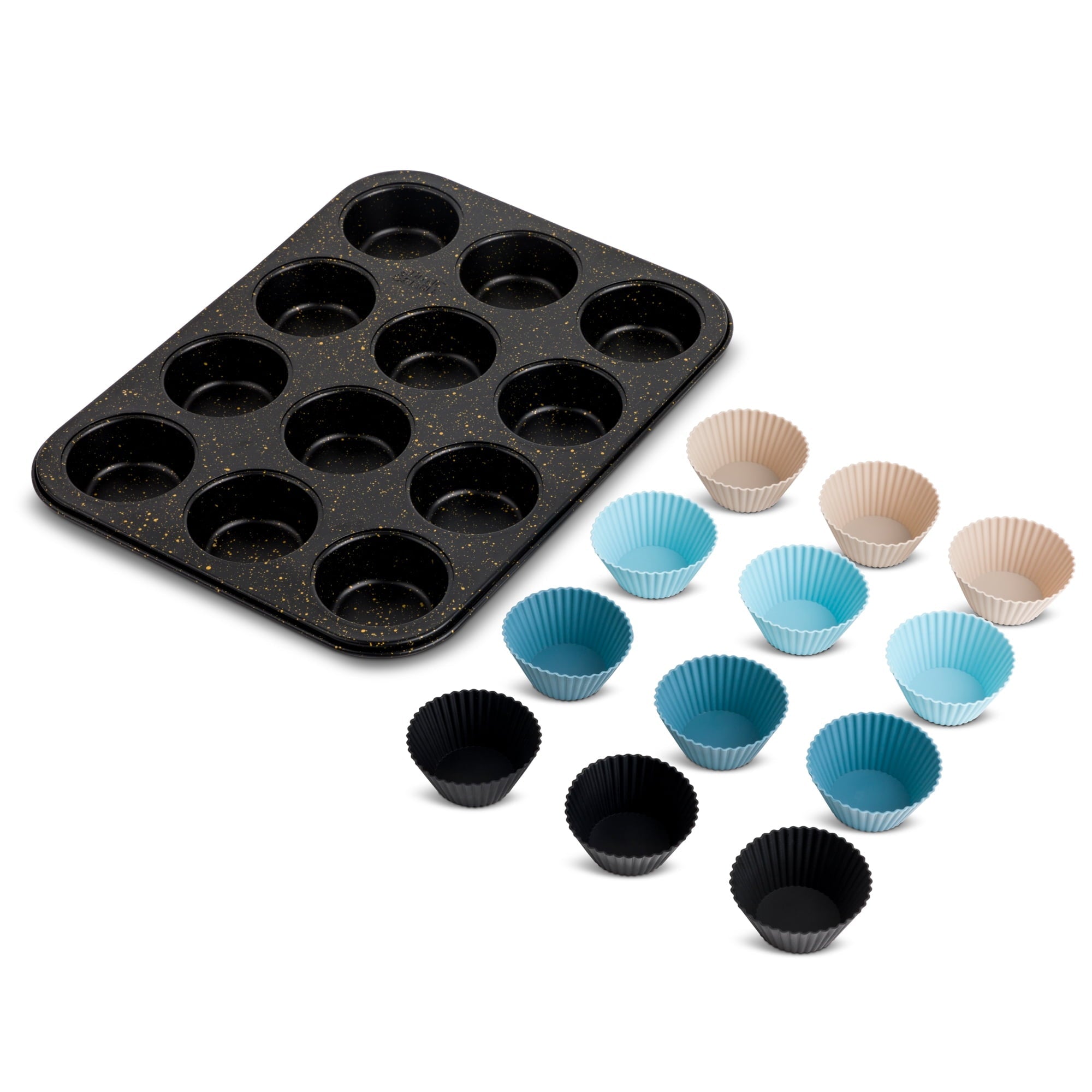 12 Cup Nonstick Muffin Pan with Silicone Baking Cups - Black
