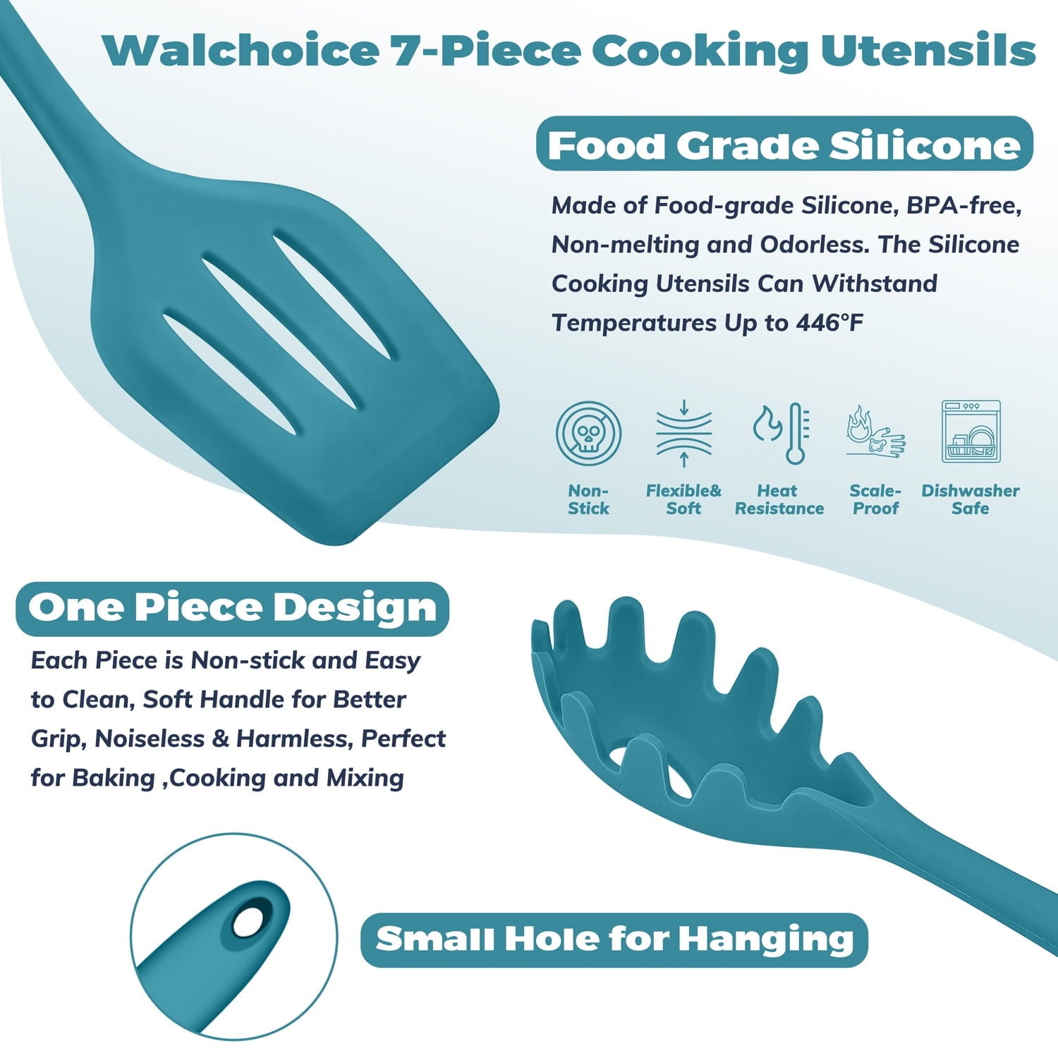 7-Piece Silicone Cooking Utensils Set, Blue Kitchen Utensils, Non-stick Gadgets Tools Include Slotted Turner, Soup La...