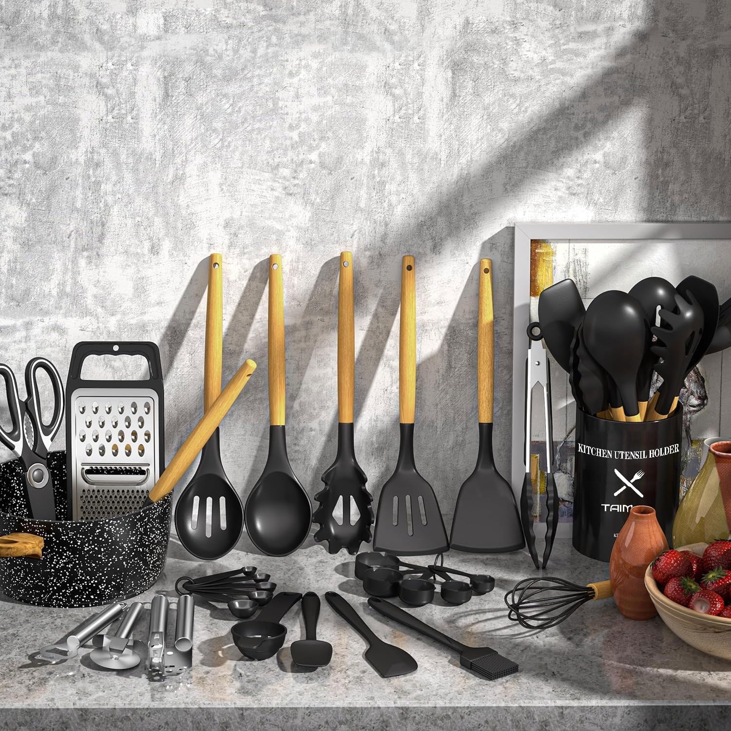 Kitchen Utensil Set, 34Pieces Silicone Cooking Utensil Set with Wooden Handle, Heat Resistant Spatula Set Gadg...