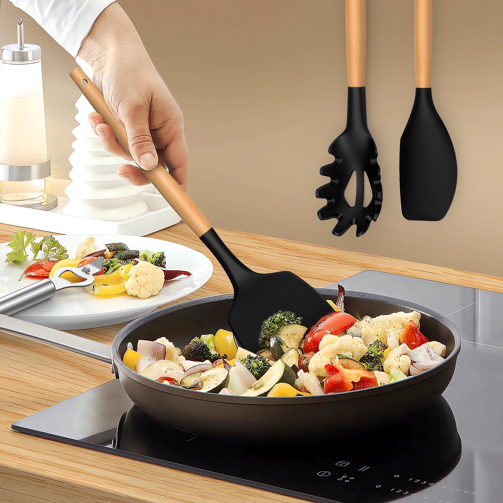 Silicone Cooking Utensils Set - Silicone Kitchen Utensils for Cooking Wooden Handles, 446°F Heat Resistant Kitchen Ut...