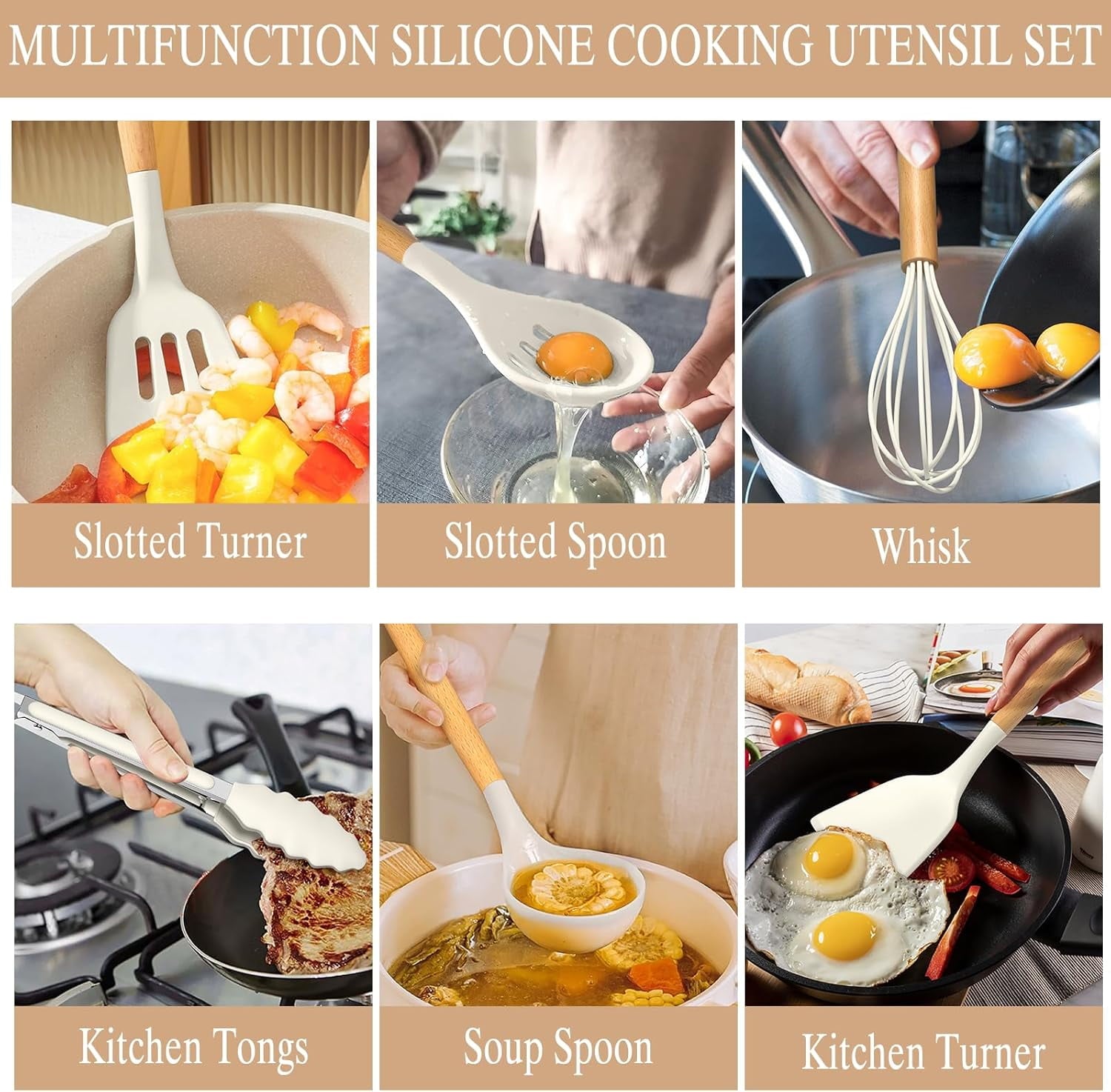 Kitchen Cooking Utensils Set, 33 pcs Non-stick Silicone Cooking Kitchen Utensils Spatula Set with Holder, Wooden Hand...