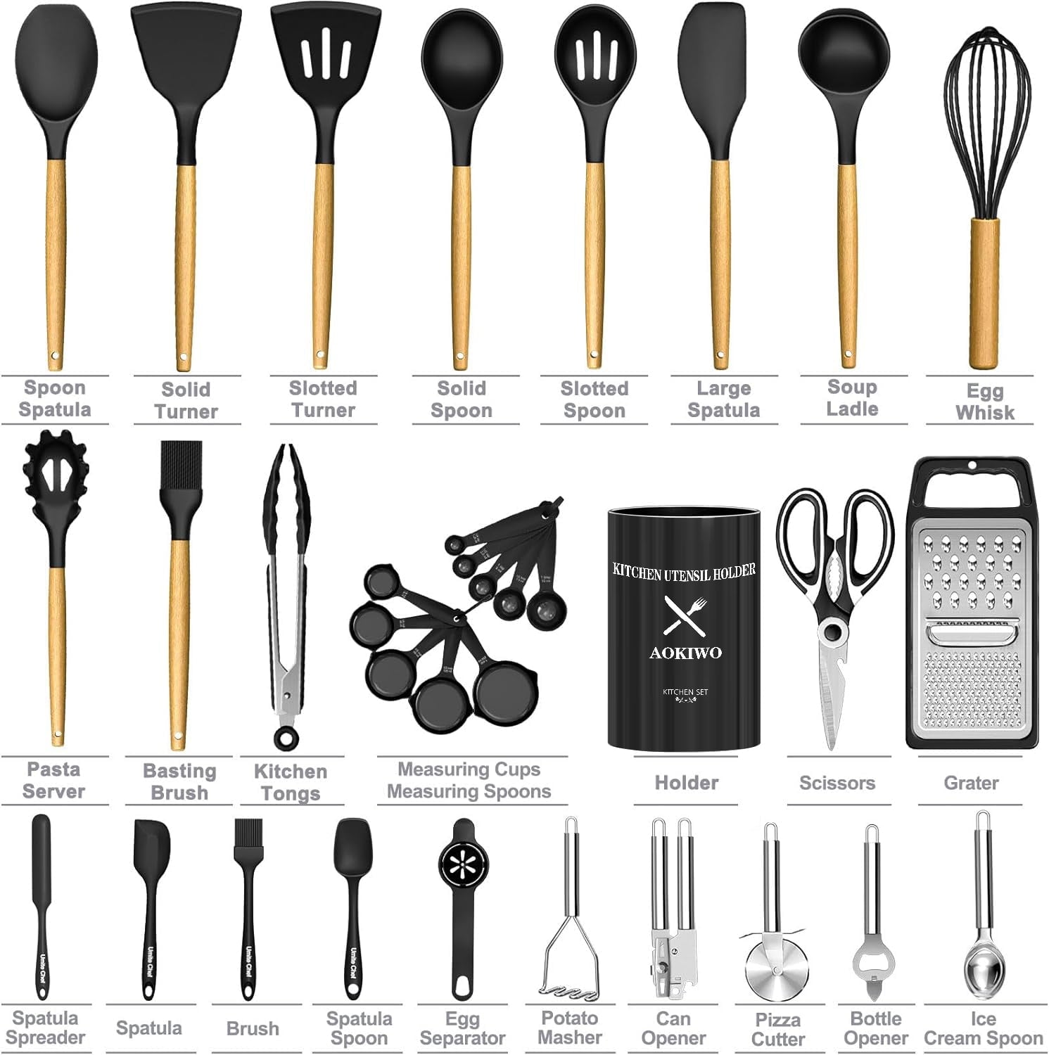 Kitchen Utensil Set, 34Pieces Silicone Cooking Utensil Set with Wooden Handle, Heat Resistant Spatula Set Gadg...