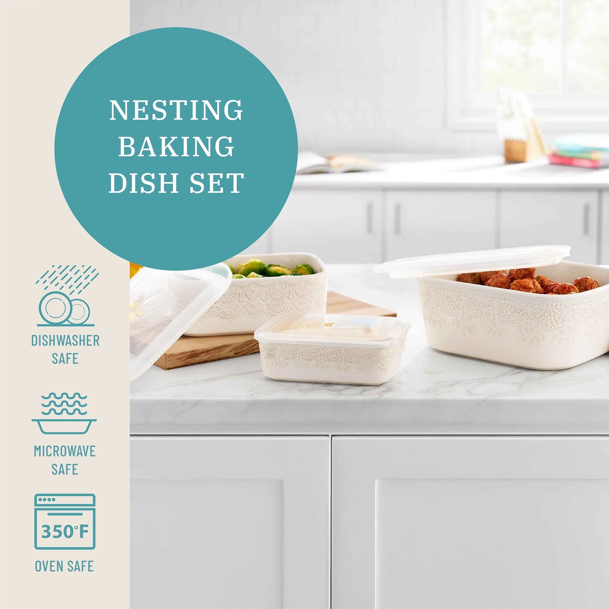 Vintage Lace 6-Piece Nesting Casserole Baking Dish Bakeware Set with Lids, Linen