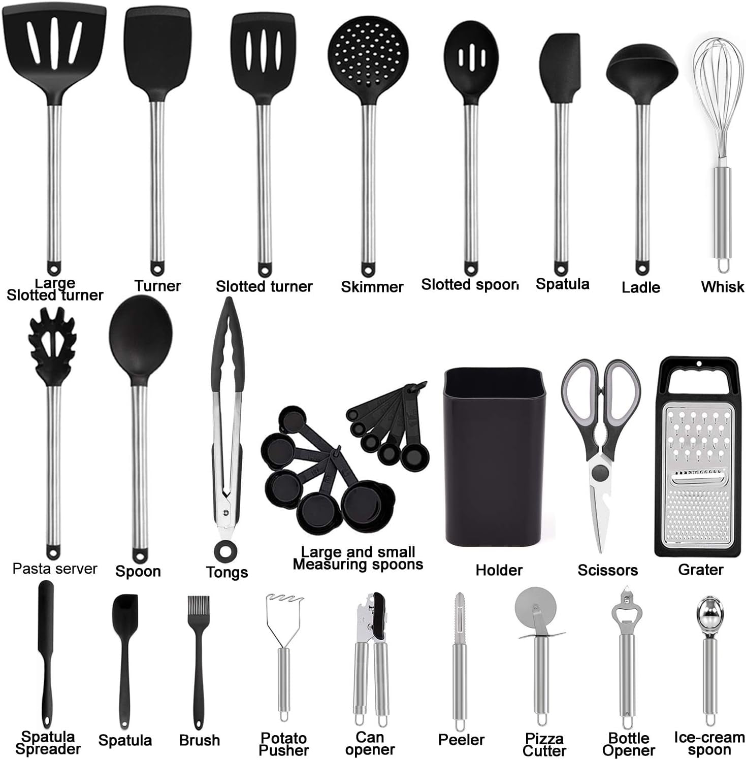 Kitchen Utensil Set-Silicone Cooking Utensils-33 Kitchen Gadgets & Spoons for Nonstick Cookware-Silicone and Stainles...