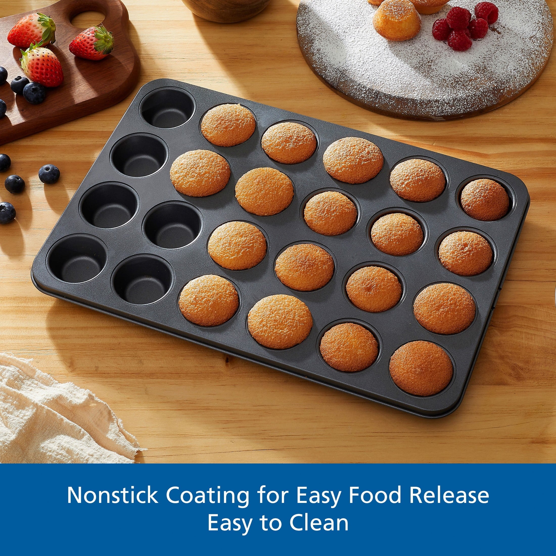 24 Cavity Mini Muffin Pan, Non-Stick Bakeware,1.8 inch Diameter Cups,Gray,Carbon Steel