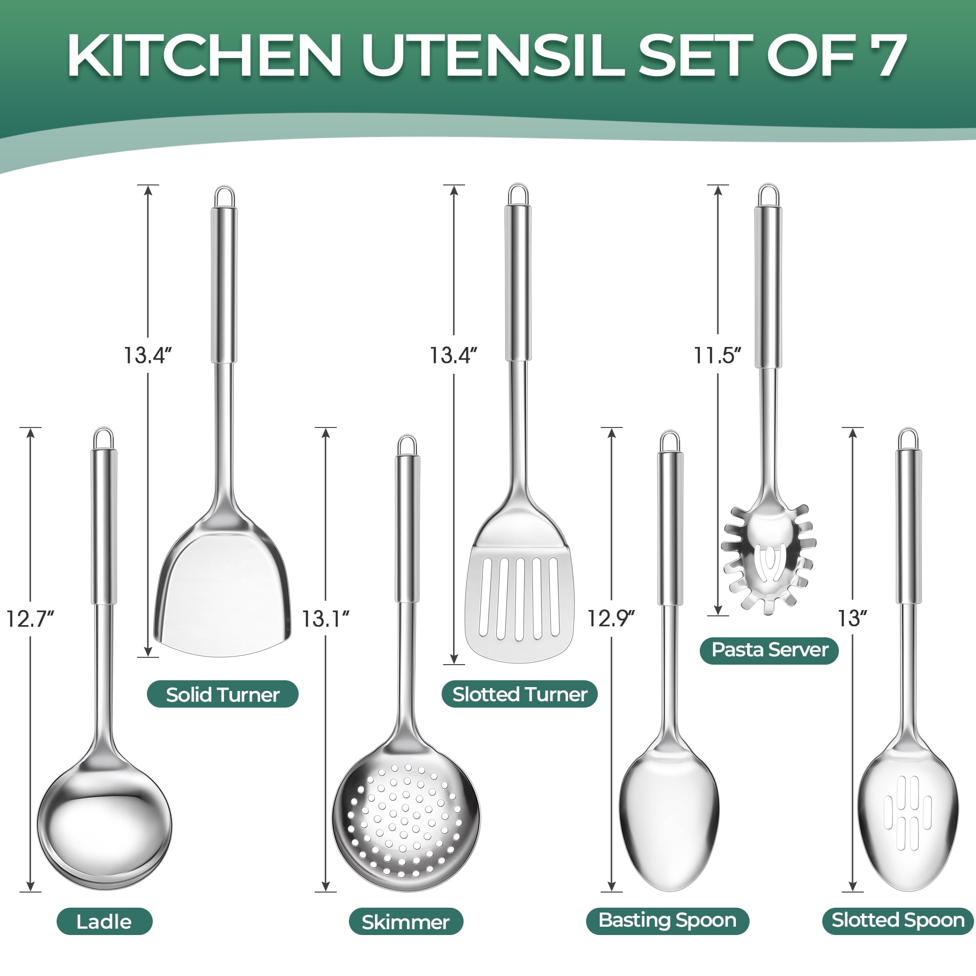 Kitchen Utensils Set, 7 PCS Stainless Steel Cooking Tools, Metal Kitchen Tools Set, Heat Resistant & Dishwa...