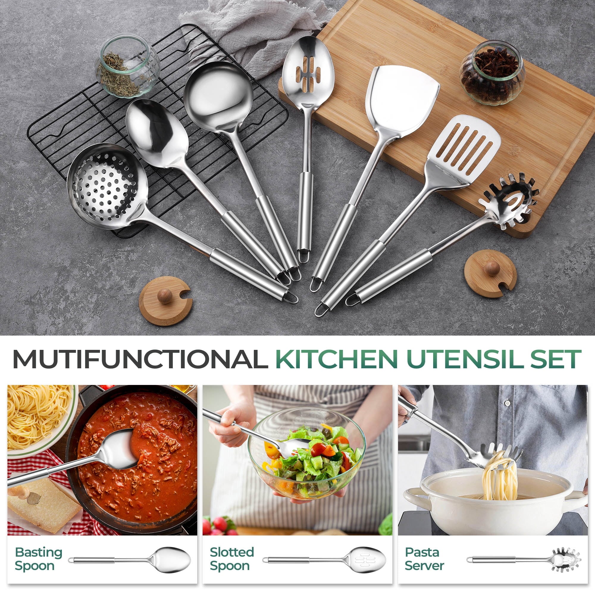 Kitchen Utensils Set, 7 PCS Stainless Steel Cooking Tools, Metal Kitchen Tools Set, Heat Resistant & Dishwa...