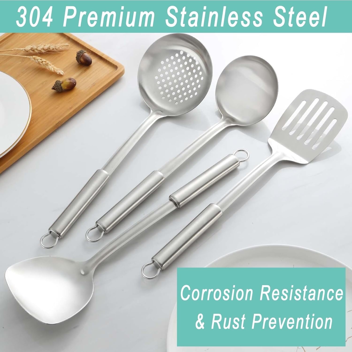 4 Pcs Cooking Utensils Set, 304 Stainless Steel Kitchen Utensils, Include Wok Ladle, Slotted Spoon, Wok Spa...