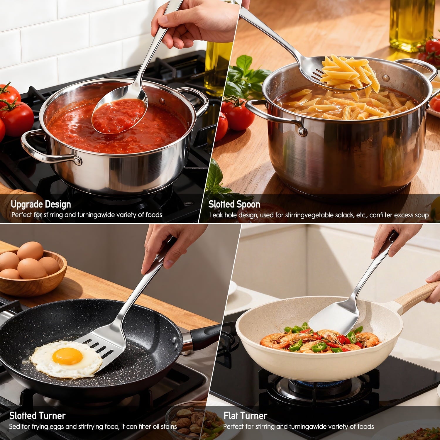 4 Pcs Cooking Utensils Set, Stainless Steel Kitchen Utensils, Kitchen Tools Set Include Solid & Slotted Turne...