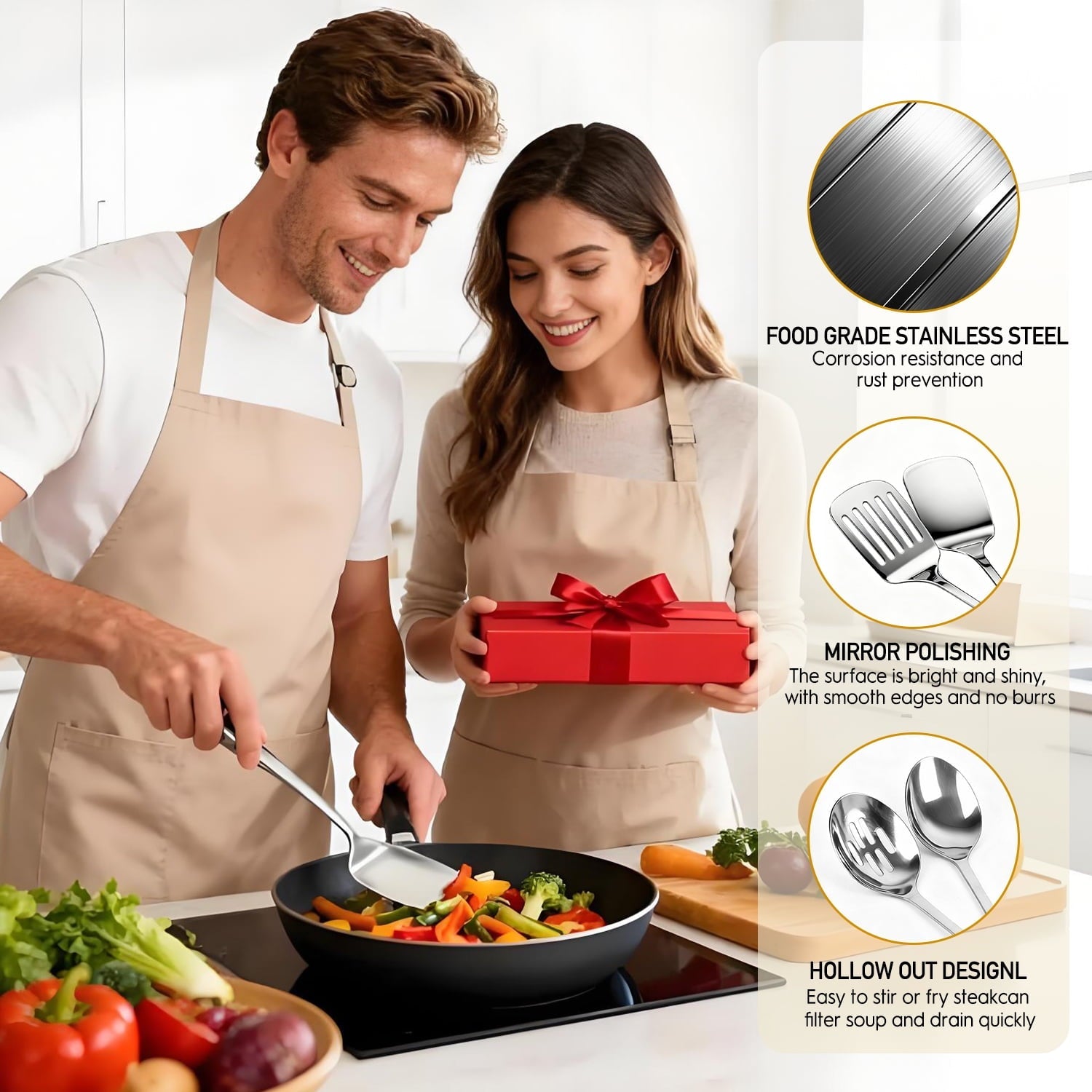 4 Pcs Cooking Utensils Set, Stainless Steel Kitchen Utensils, Kitchen Tools Set Include Solid & Slotted Turne...
