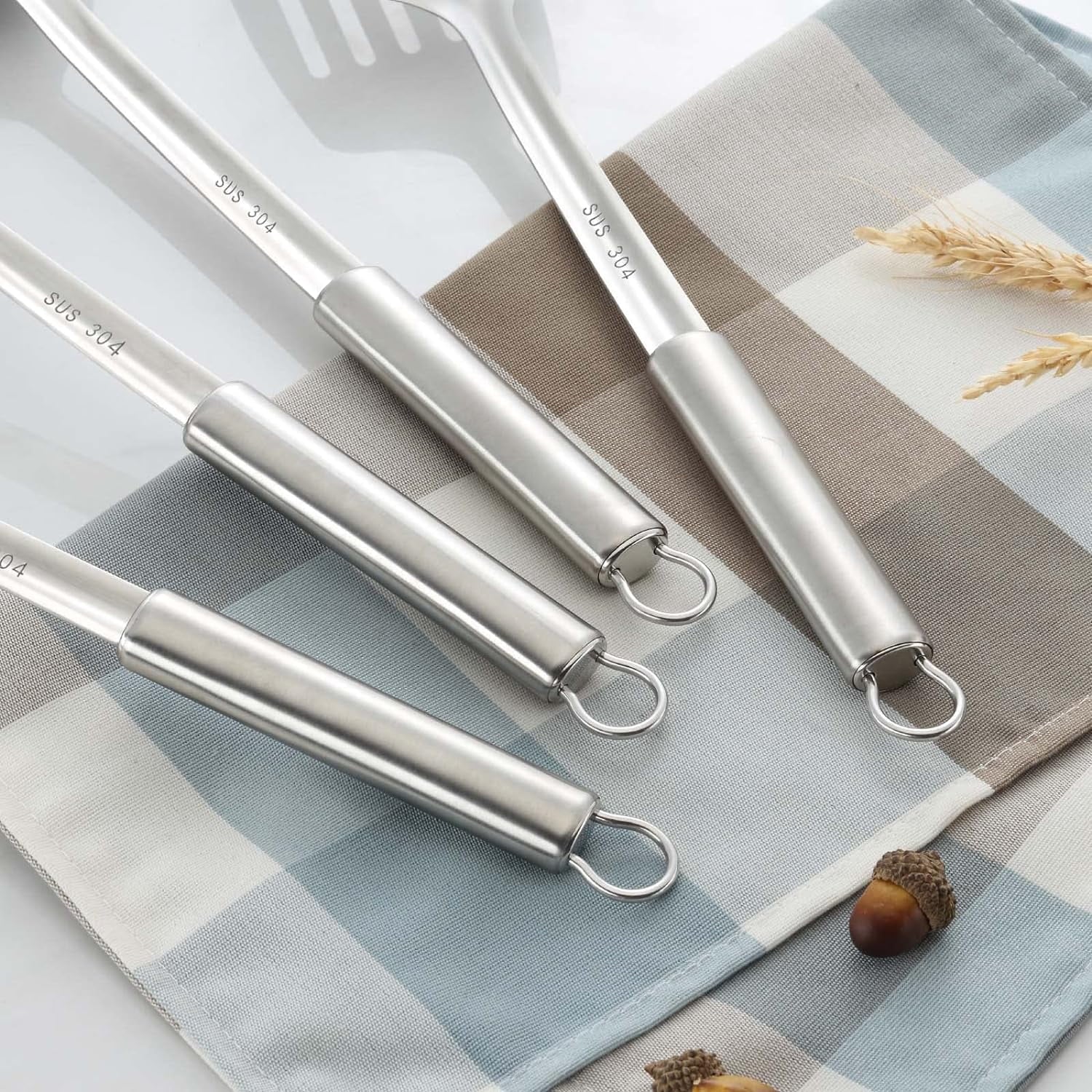 4 Pcs Cooking Utensils Set, 304 Stainless Steel Kitchen Utensils, Include Wok Ladle, Slotted Spoon, Wok Spa...